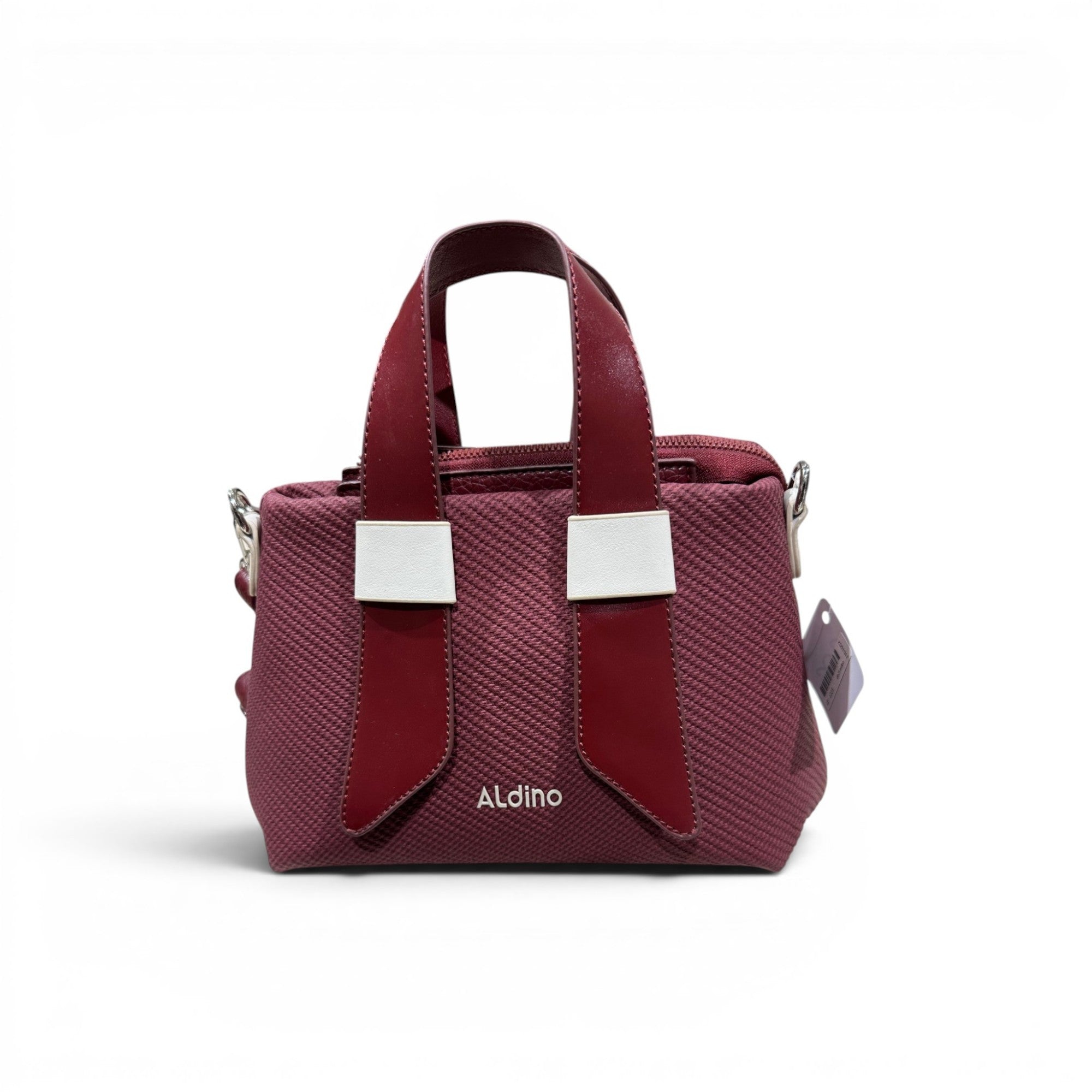 COC Store Aldino textured burgundy handbag with faux leather accents and dual top handles.