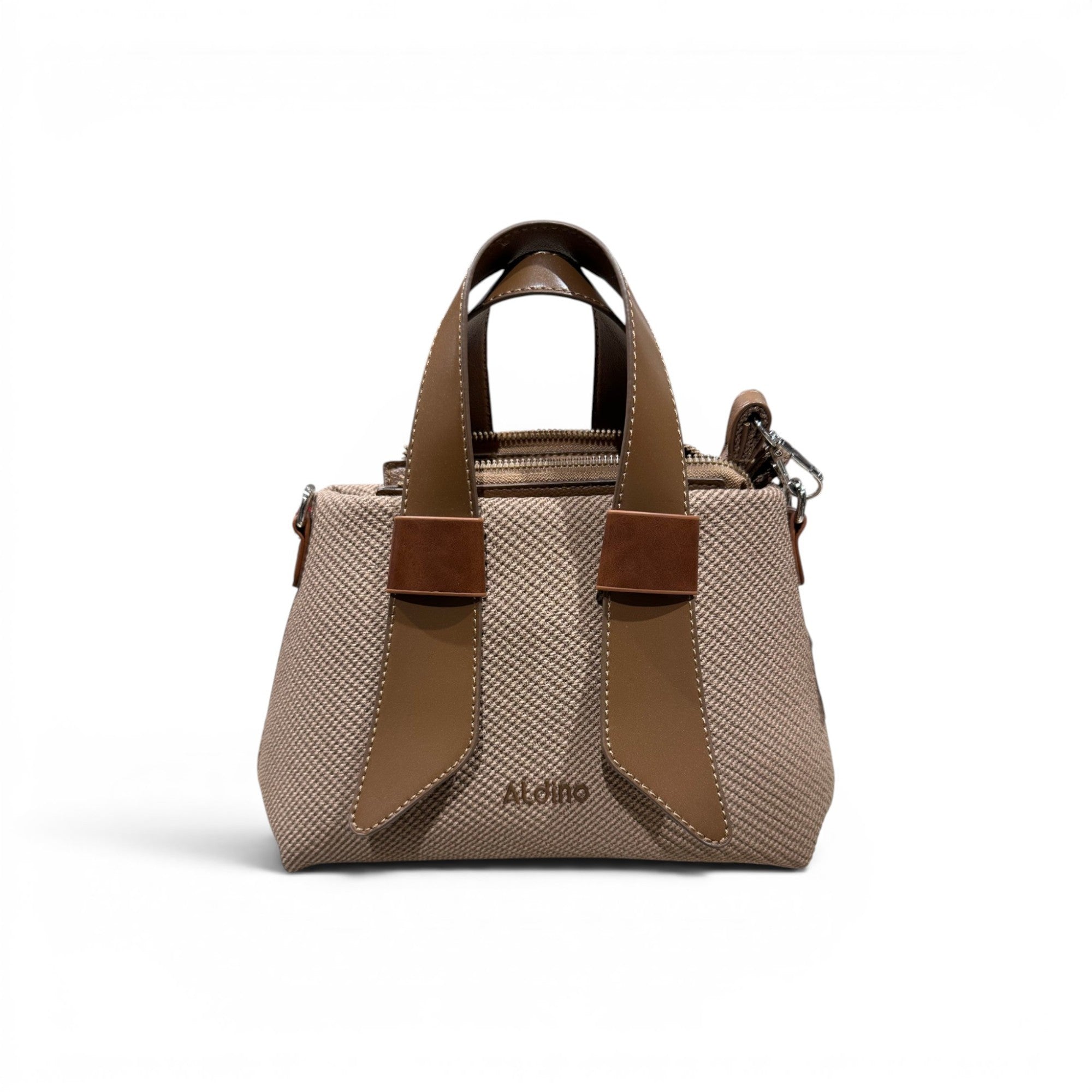 COC Store Aldino textured top handle bag in beige with brown faux leather accents and zip closure.