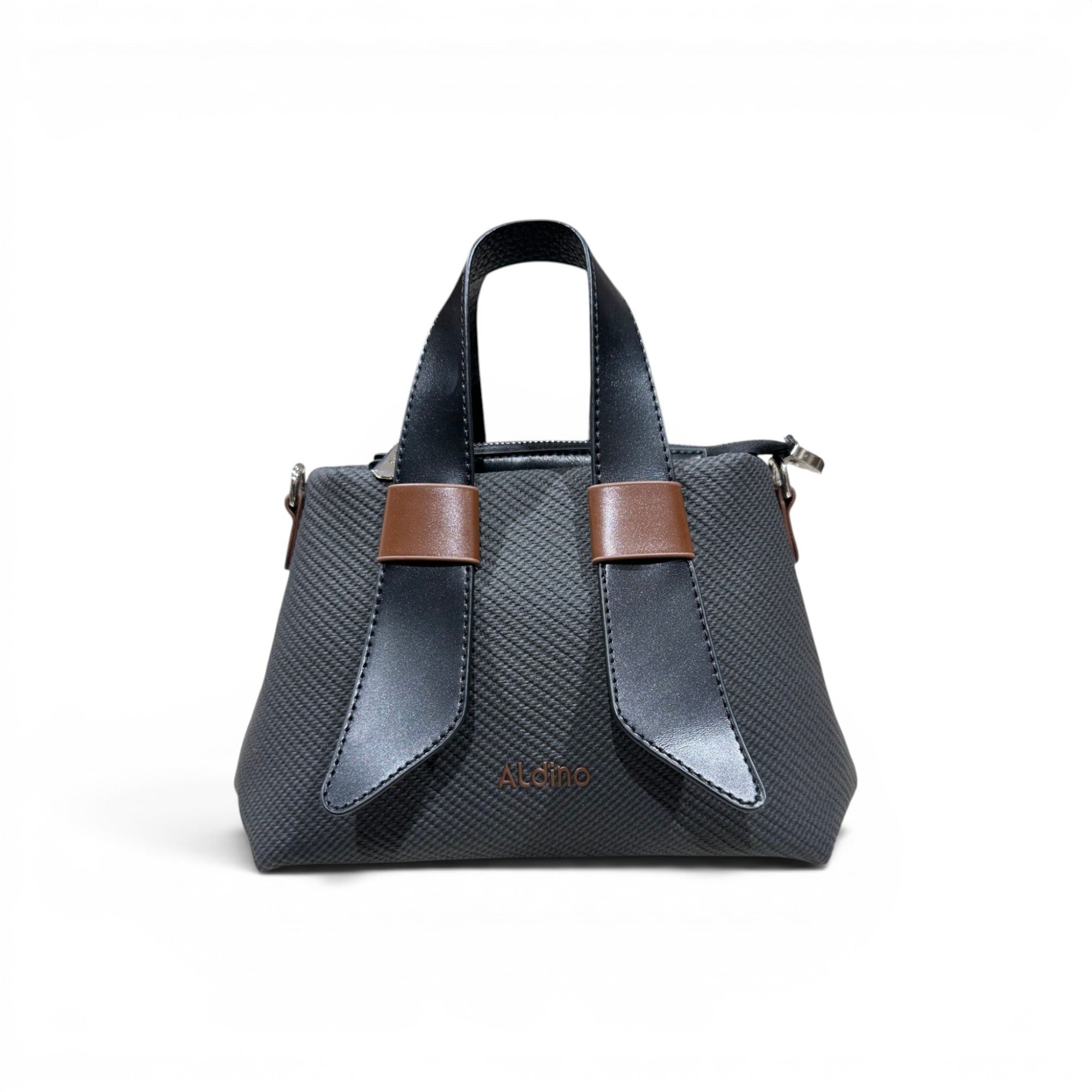COC Store Aldino textured black handbag with faux leather accents and dual top handles.