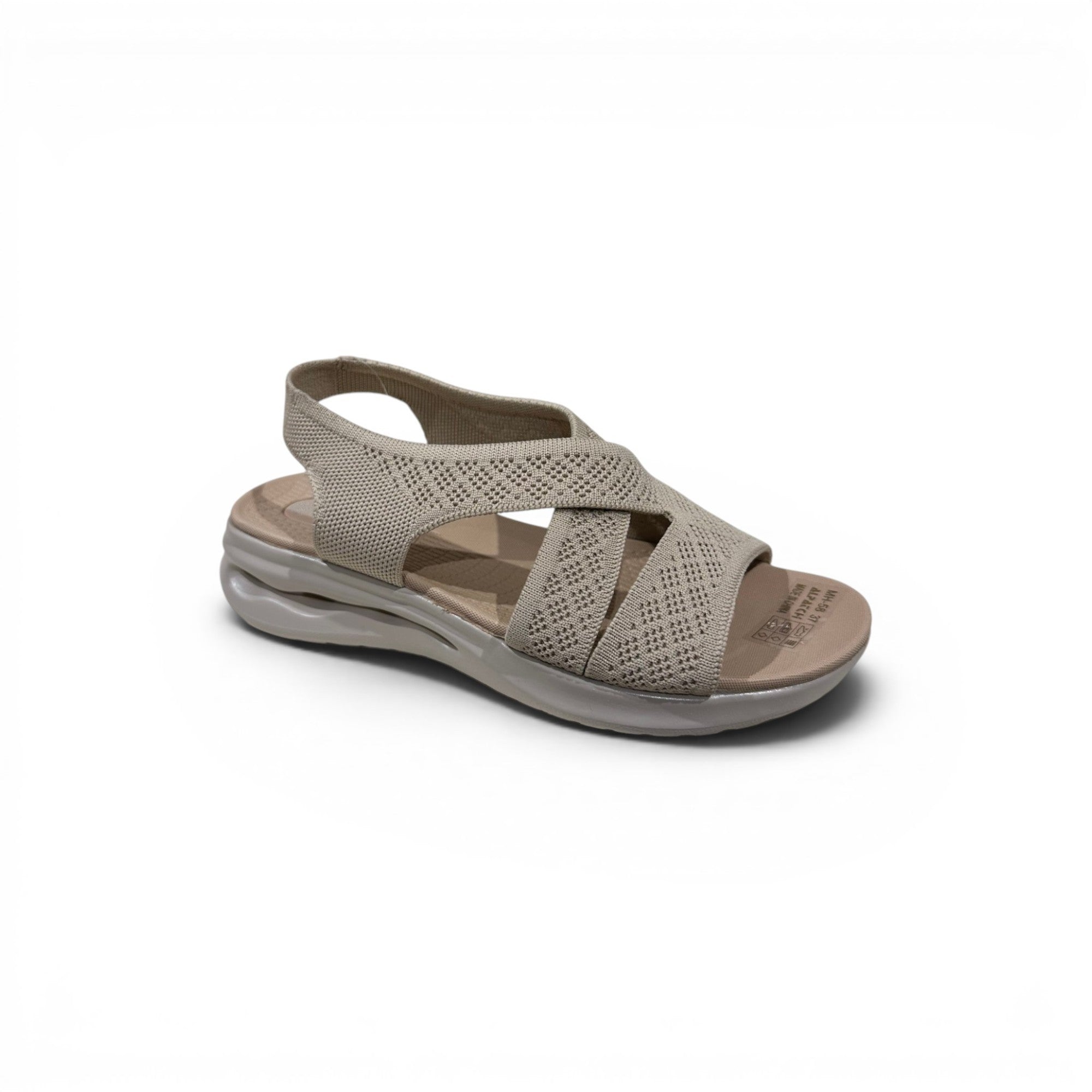 COC Store beige knit slingback sandals with crisscross straps and cushioned sole.