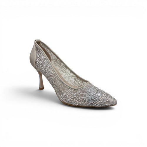 COC Store beige lace pointed toe stiletto heel pumps with floral overlay.