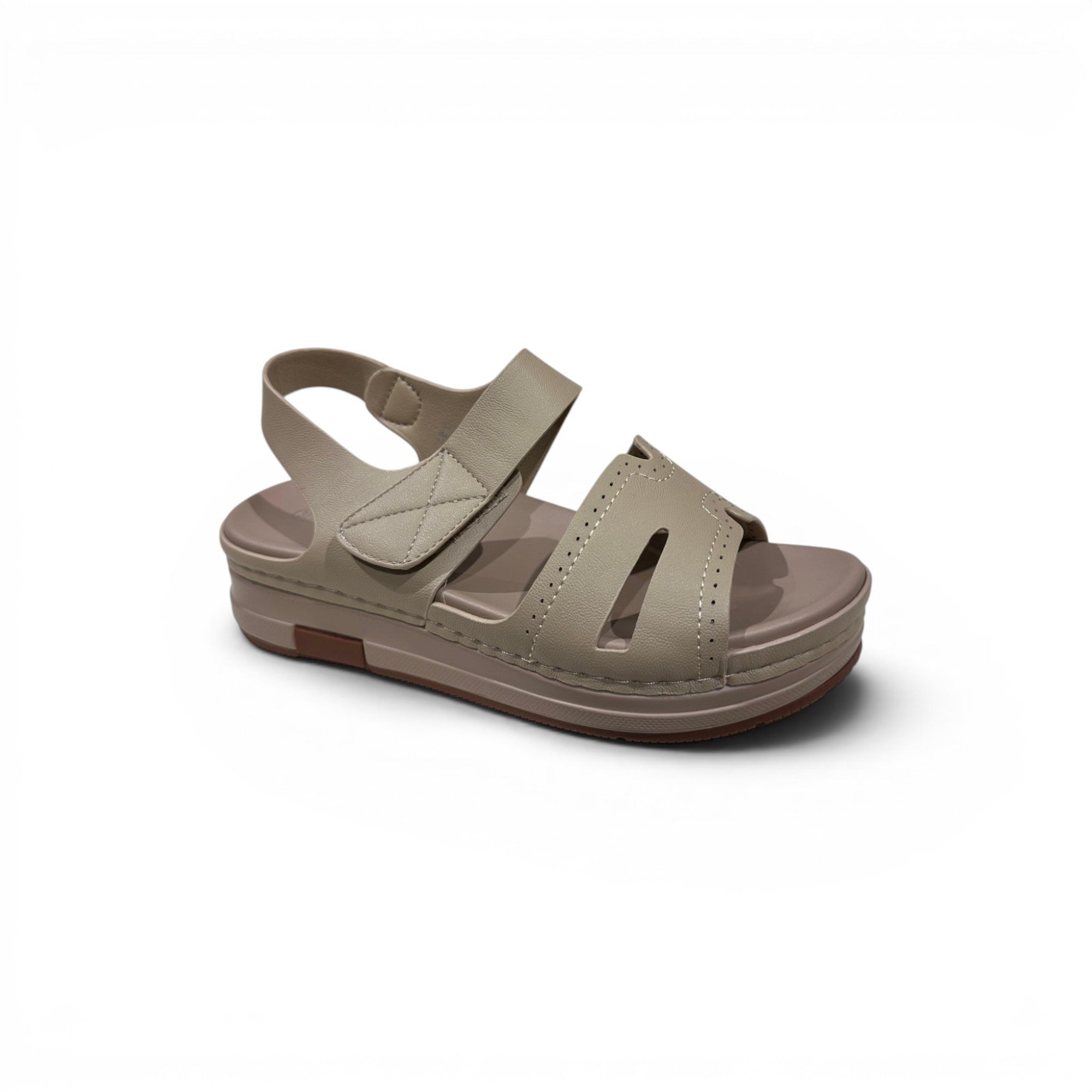 COC Store beige faux leather platform sandals with adjustable hook-and-loop strap and open-toe cut-outs.