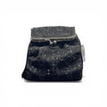 COC Store black denim beaded kiss lock evening bag with silver geometric beadwork.