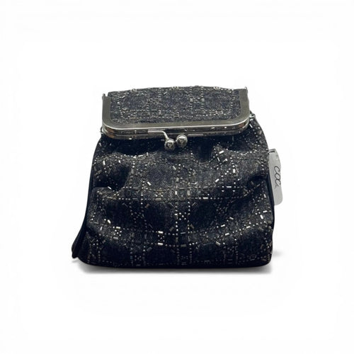 COC Store black denim beaded kiss lock evening bag with silver geometric beadwork.