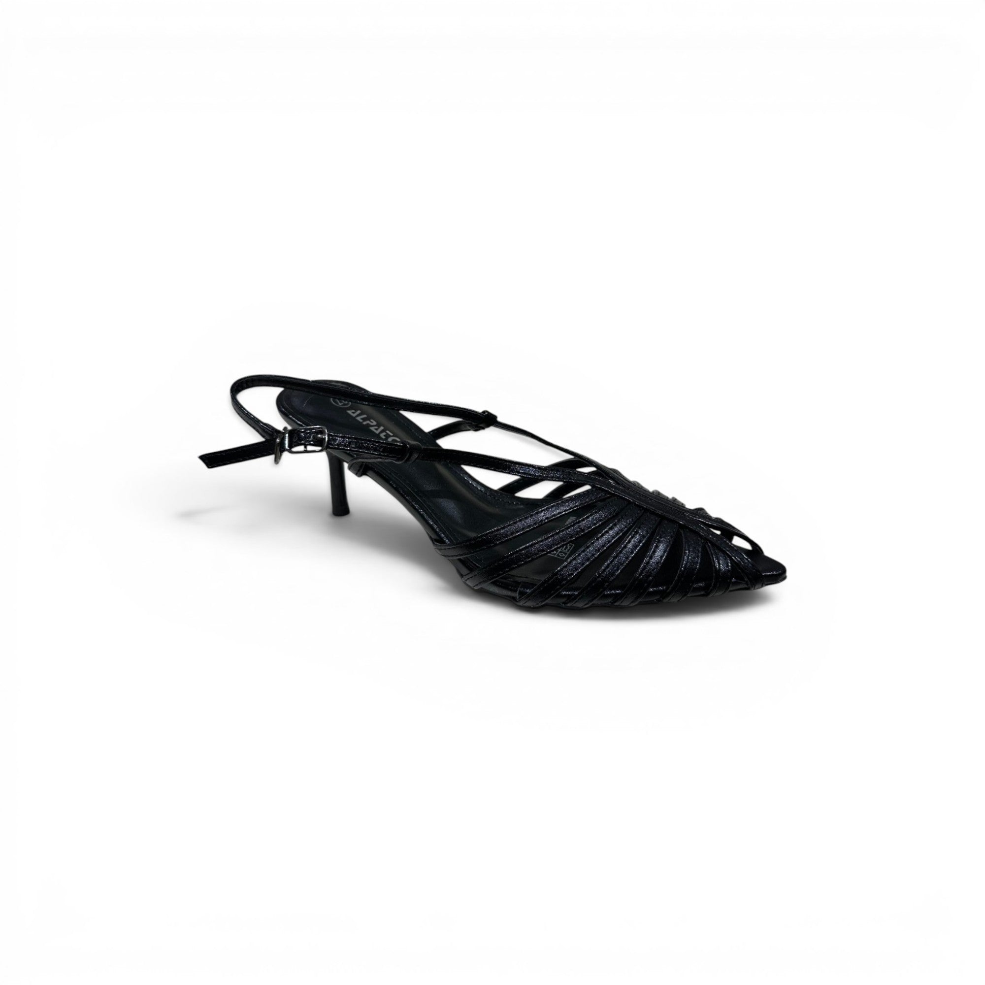 COC Store black caged kitten heel slingback with pointed toe and ankle strap.