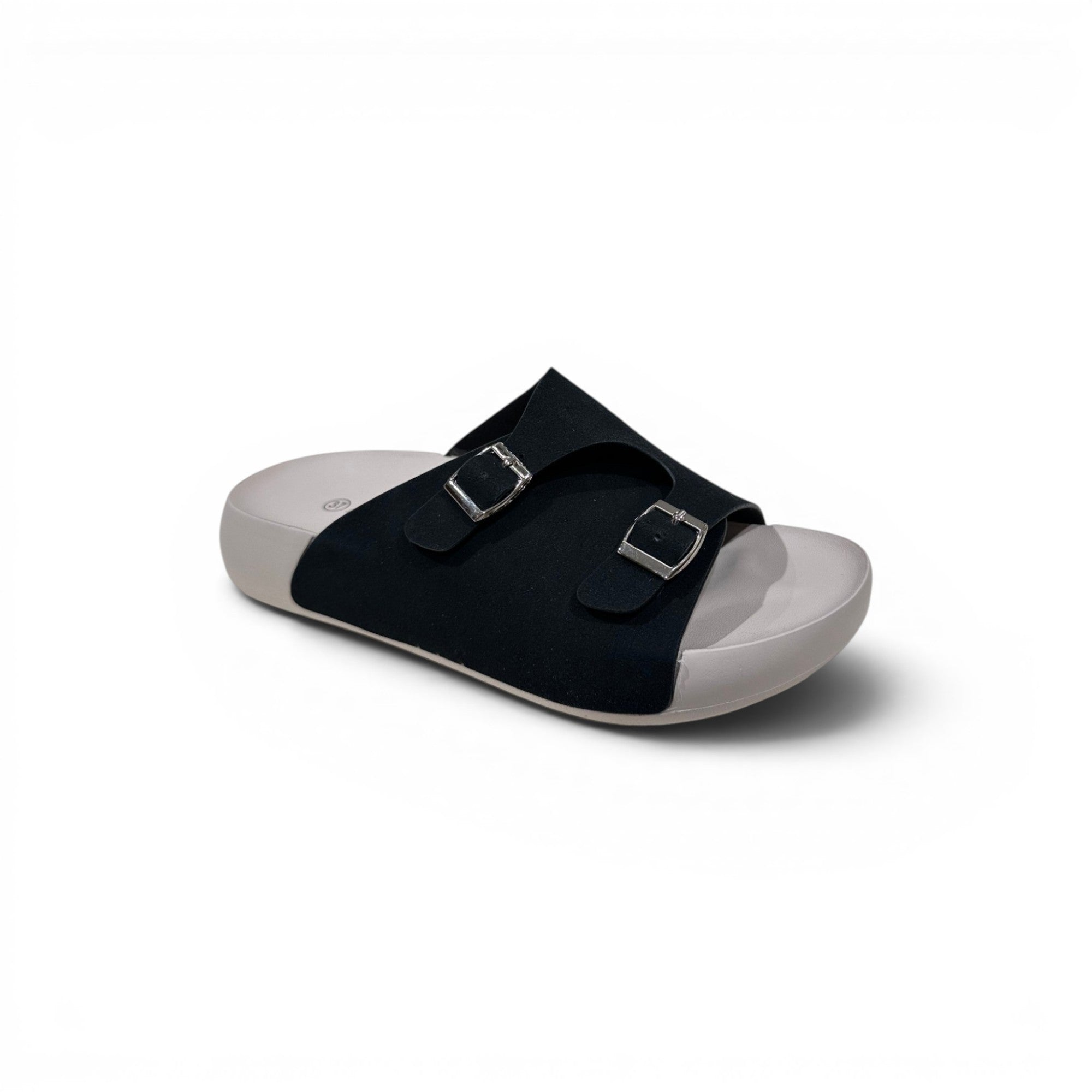 COC Store black double buckle slide sandal with contoured footbed and silver buckles.