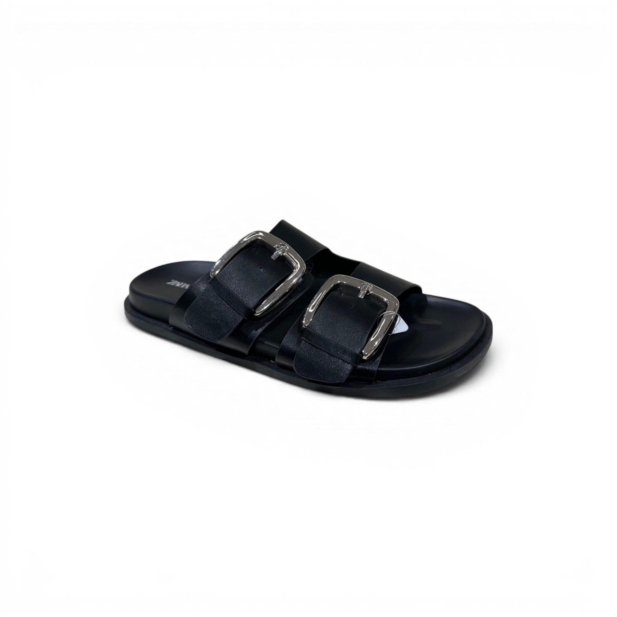 COC Store black faux leather double buckle slide sandals with silver-tone hardware.