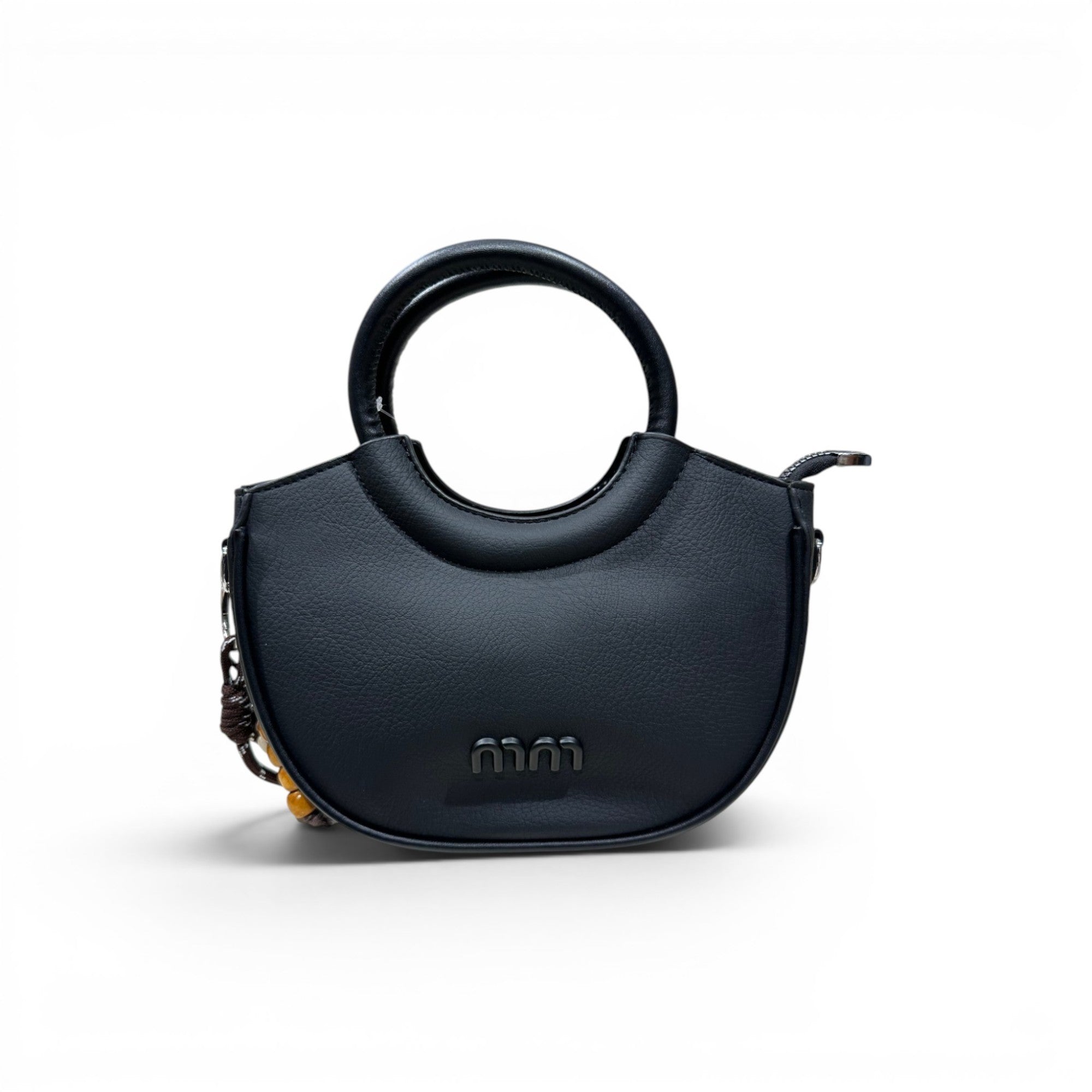 COC Store black faux leather crescent satchel bag with round handle and optional shoulder strap.