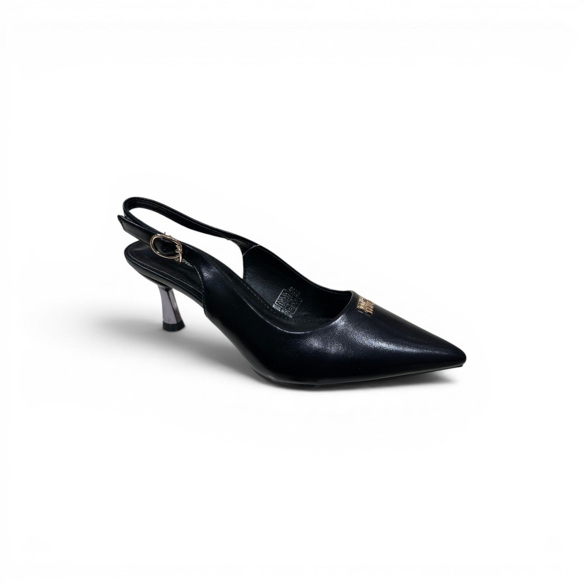 COC Store black faux leather slingback heels with pointed toe and metallic accent heel.