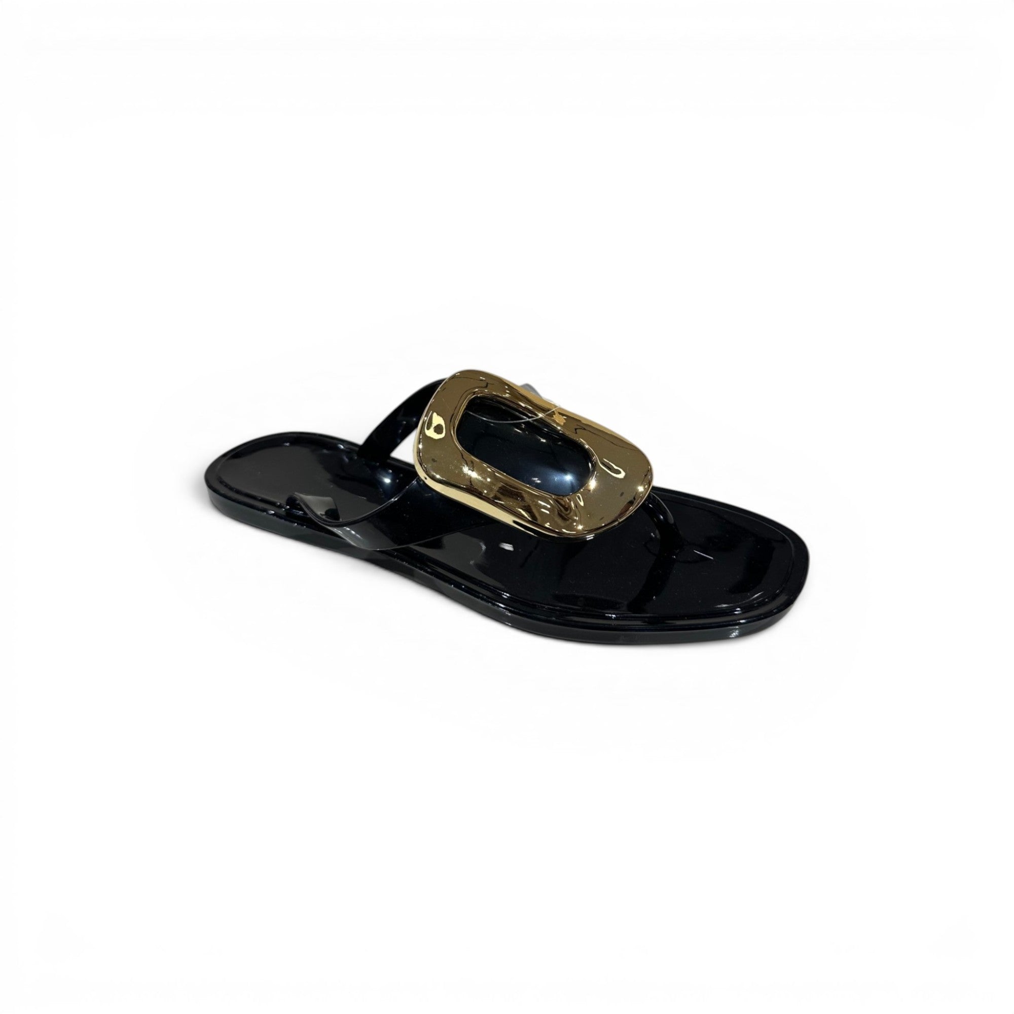 COC Store black jelly thong sandals with gold buckle accent. Women's waterproof flip-flops.