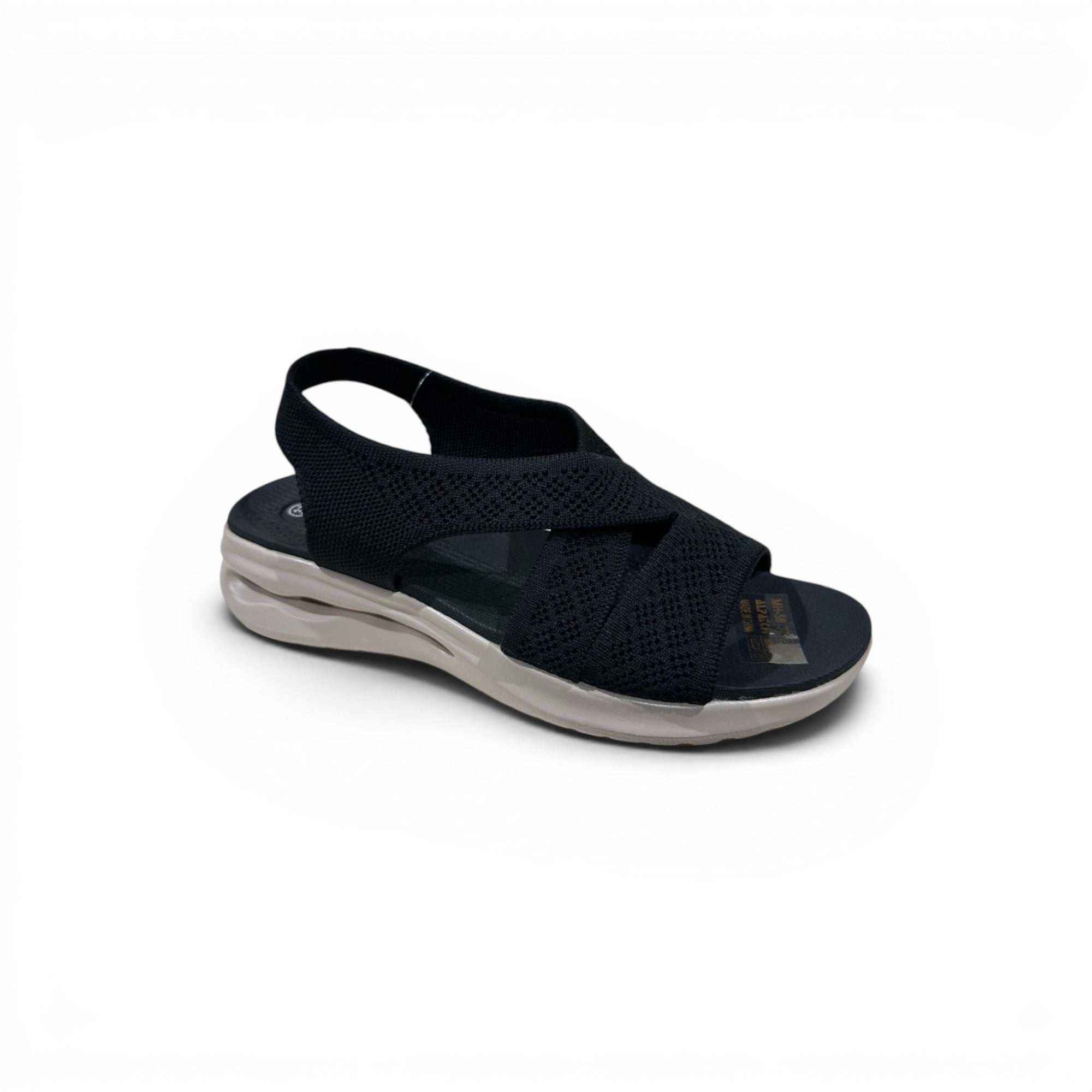 COC Store black knit slingback sandals with crisscross straps and cushioned sole.