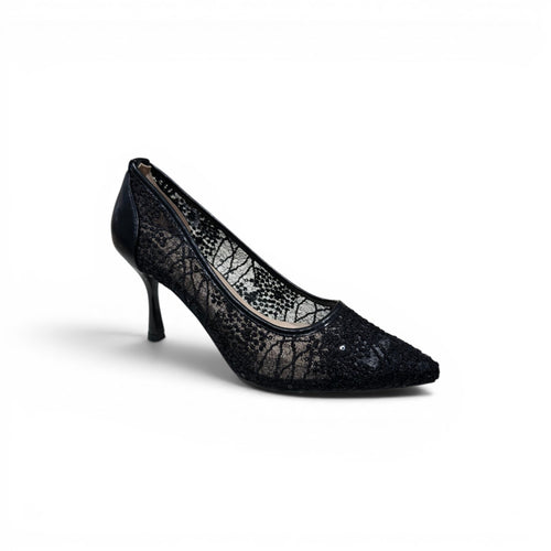 COC Store black lace pointed toe stiletto heels with sequin detail.