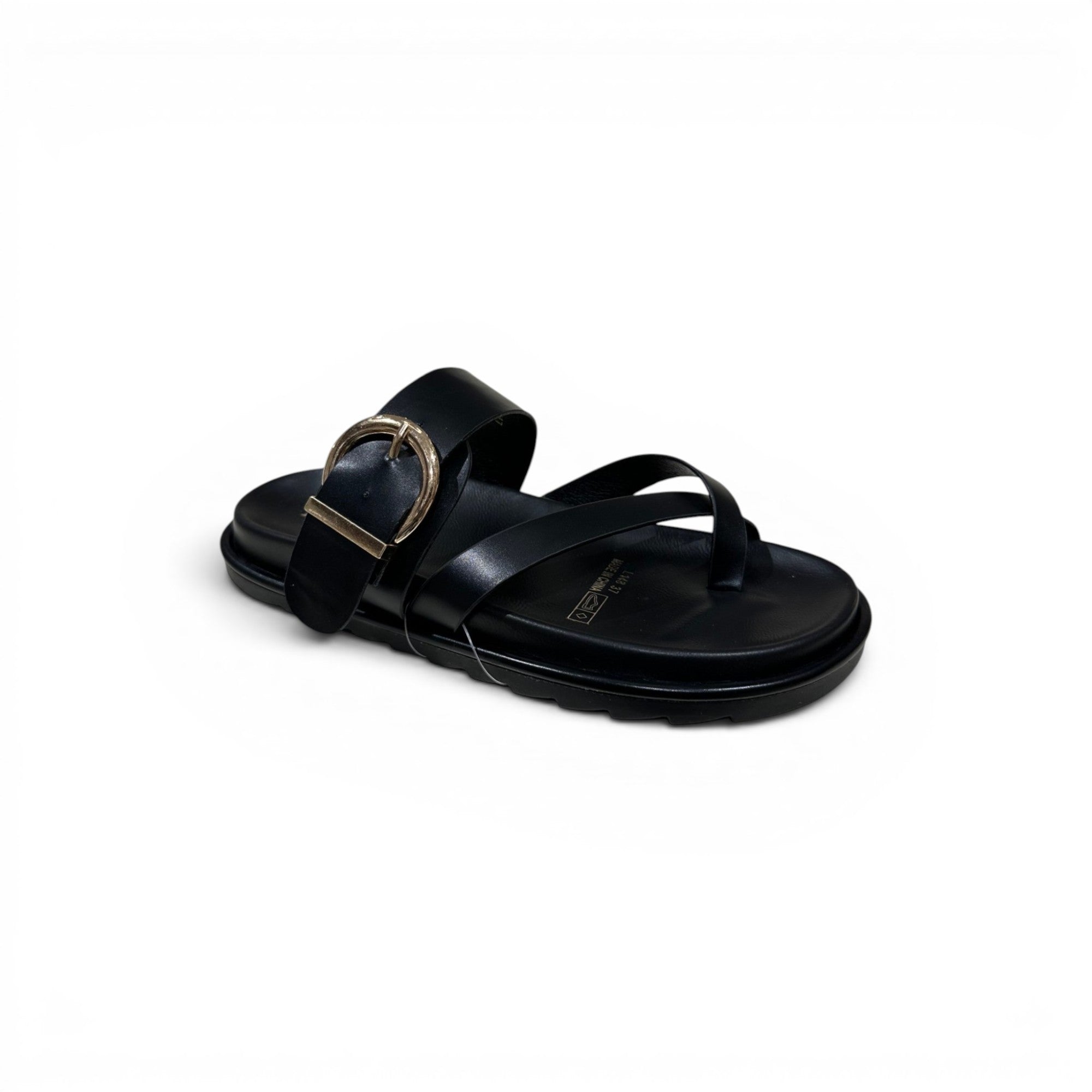 COC Store black leather slide sandals with gold buckle and crisscross toe straps.
