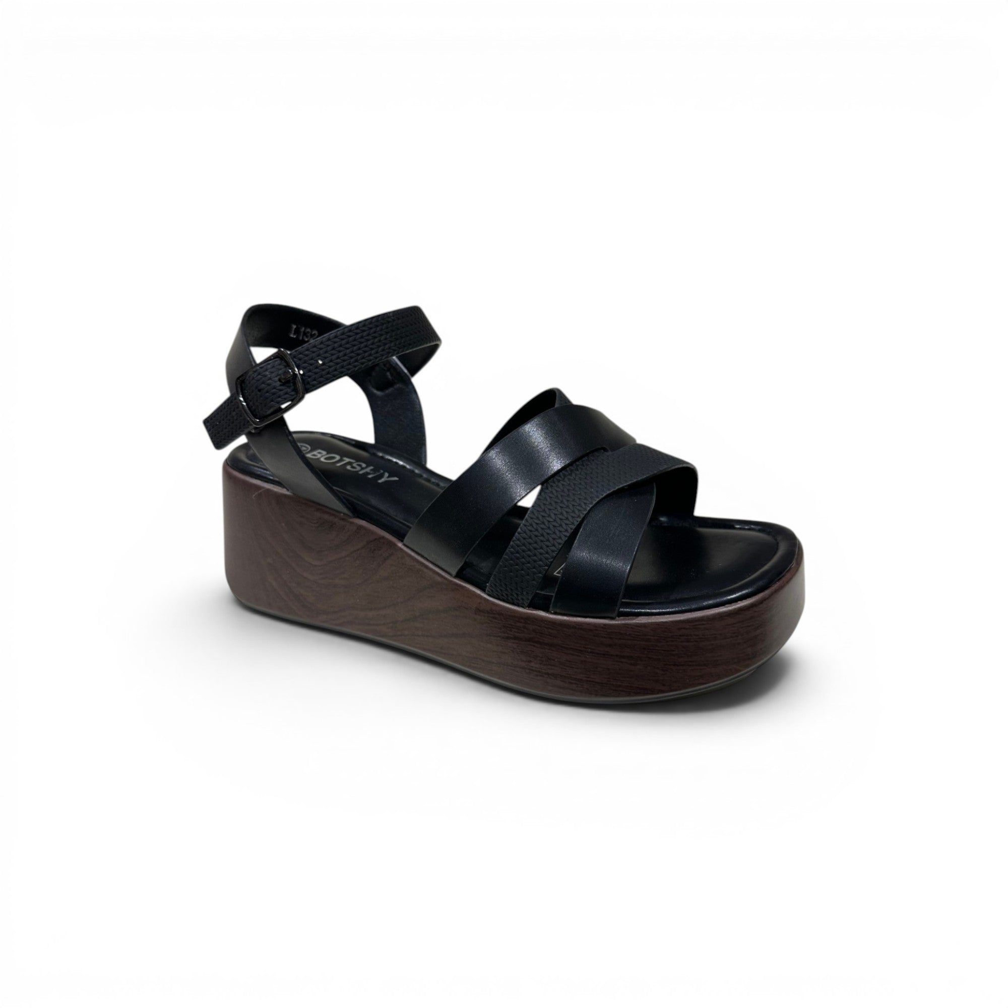 COC Store black leather platform wedge sandals with crisscross straps and textured ankle strap.