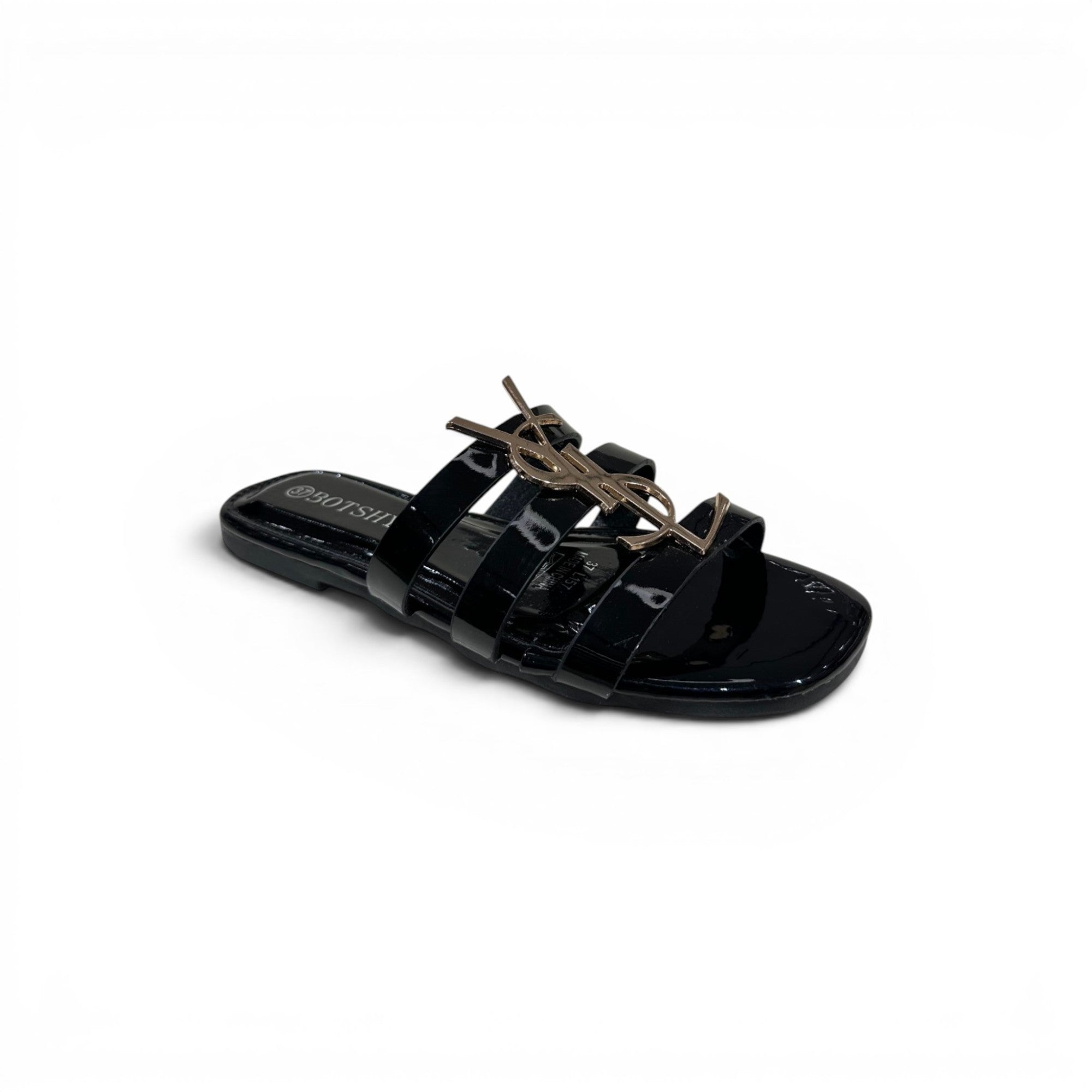 COC Store black patent leather slide sandals with gold interlocking YSL logo accent and multiple straps.
