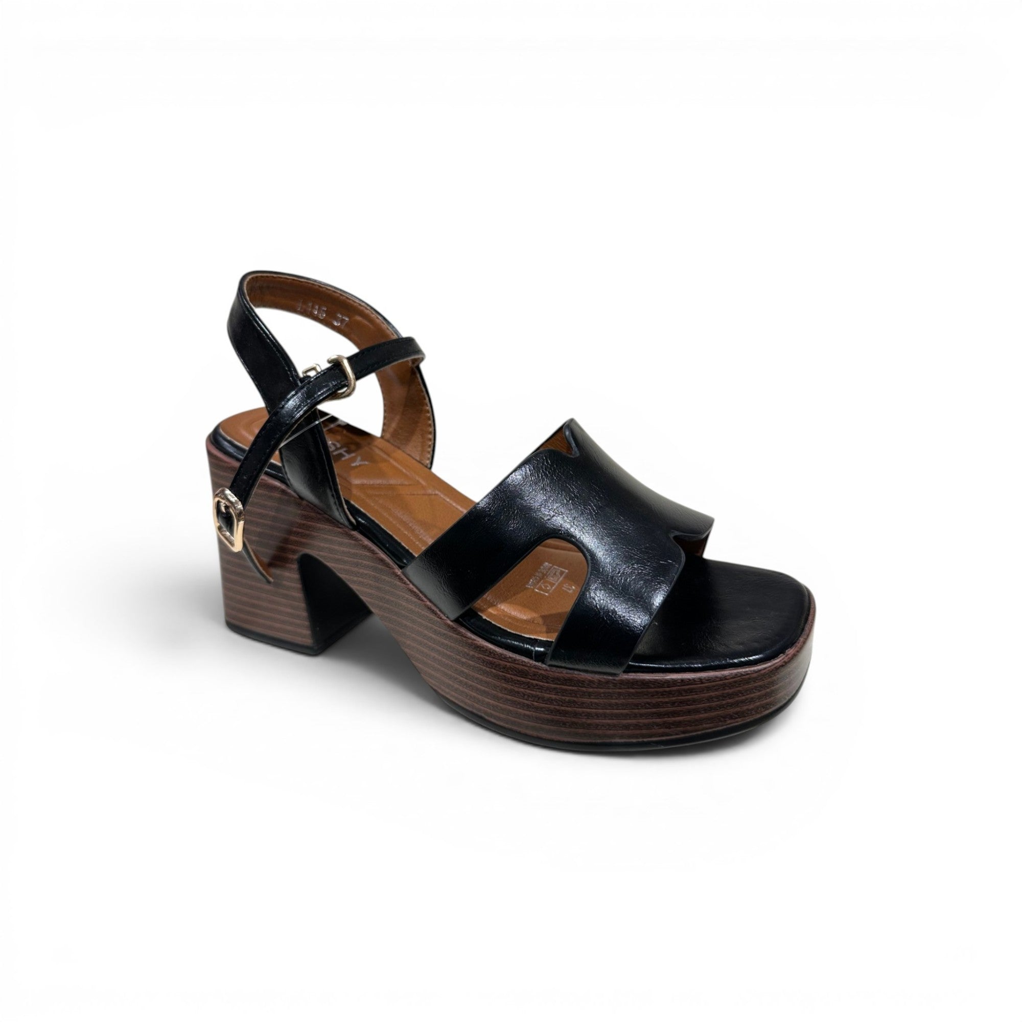 COC Store black faux leather platform block heel sandals with ankle strap and wooden-effect heel.