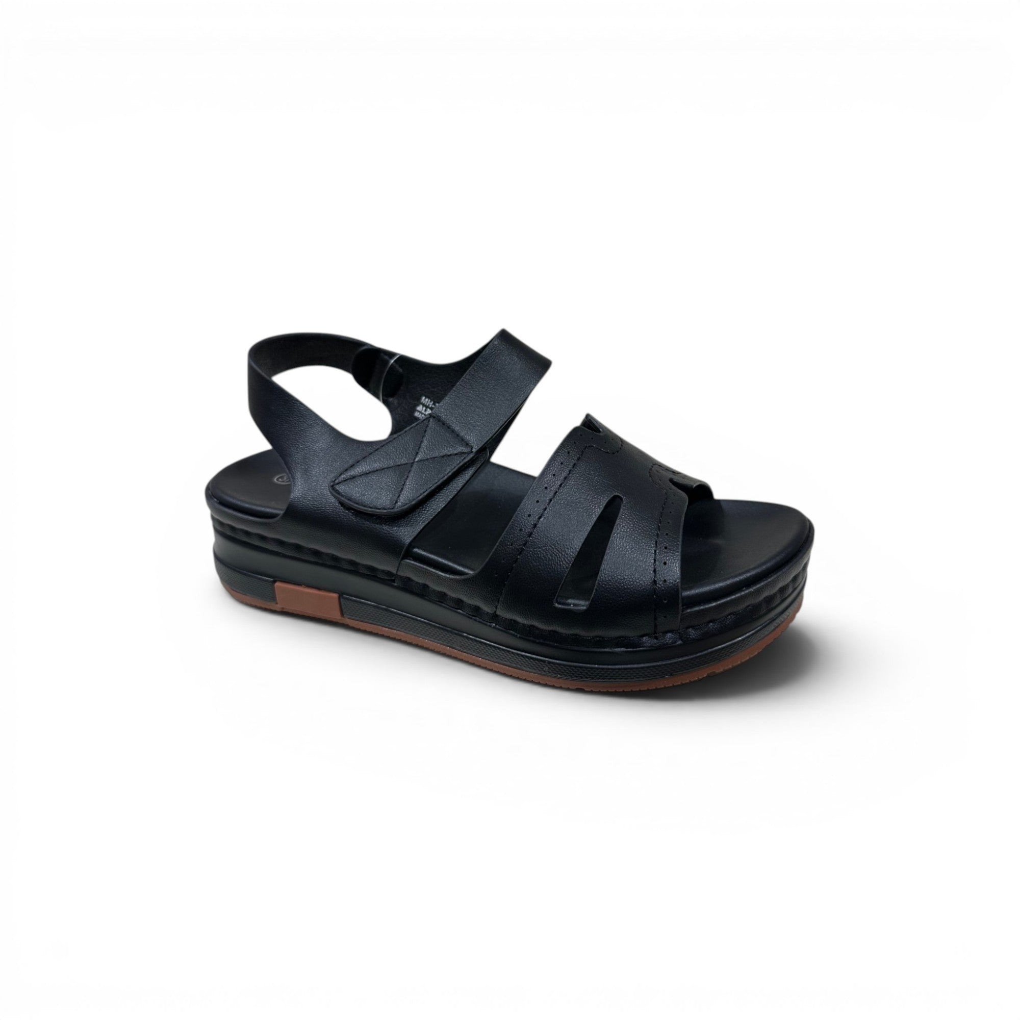 COC Store black faux leather platform sandals with adjustable hook-and-loop strap and open-toe cut-outs.