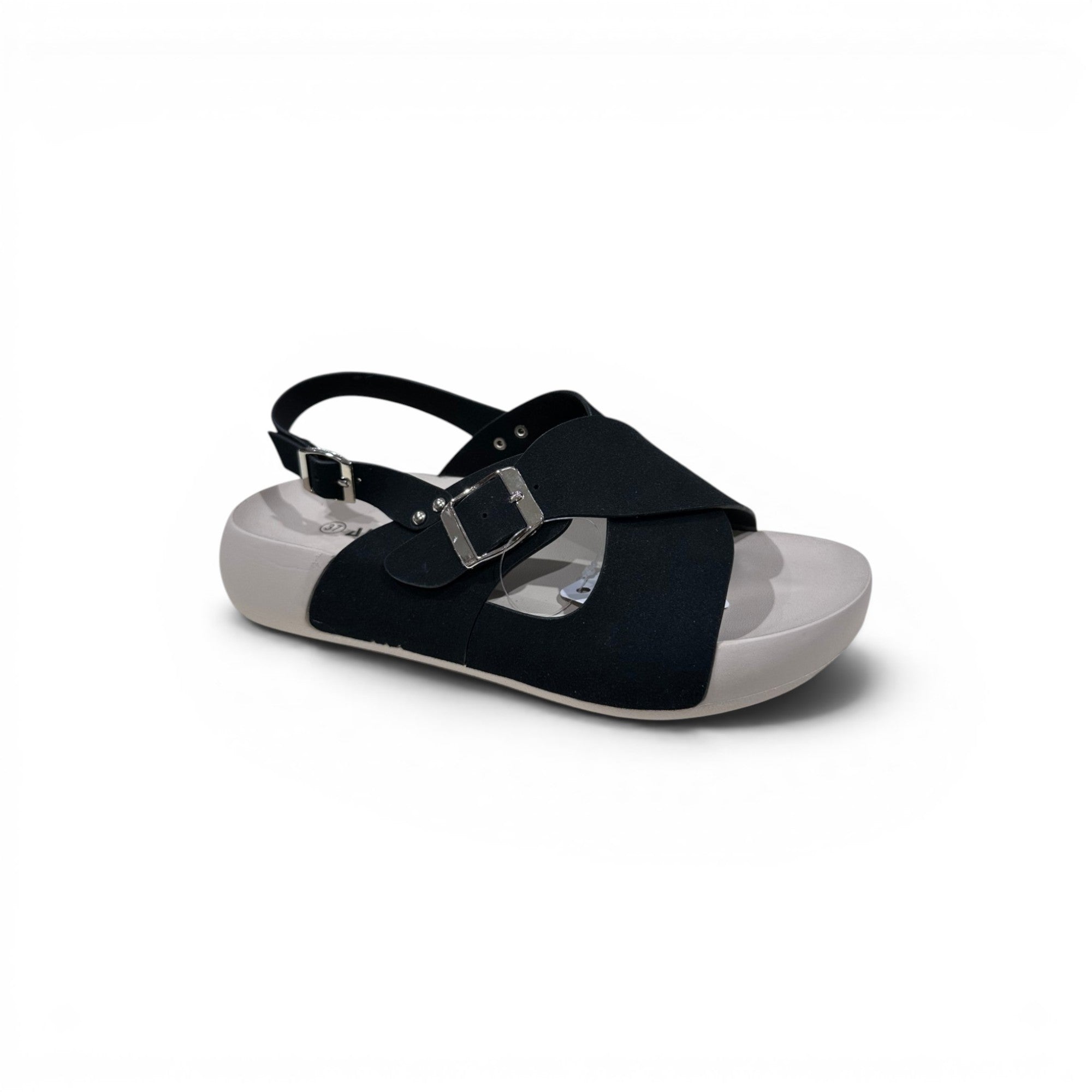 COC Store black platform slingback sandals with criss-cross straps and silver buckle closure.
