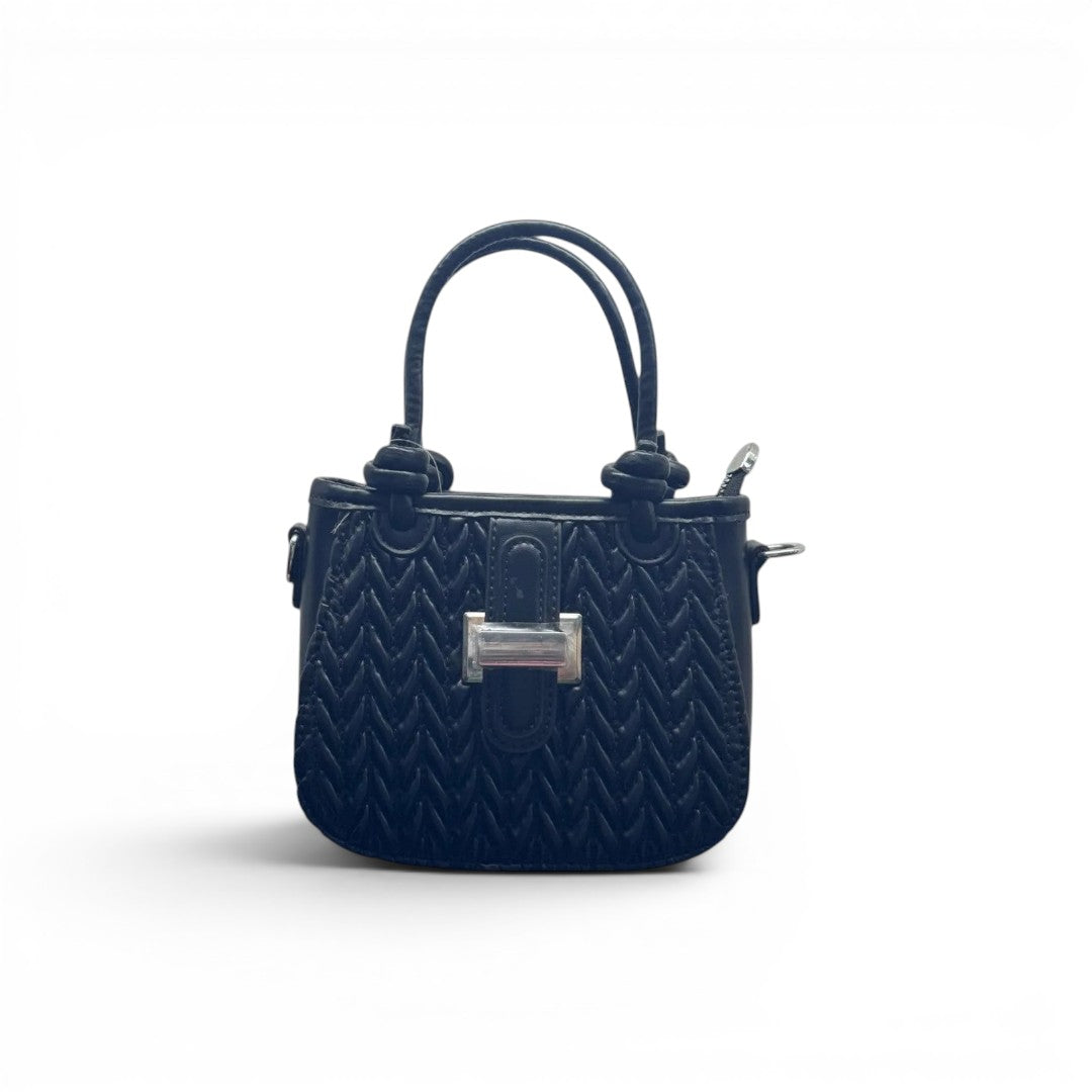 COC Store black faux leather mini handbag with chevron stitching, knotted top handles, and silver-tone clasp.