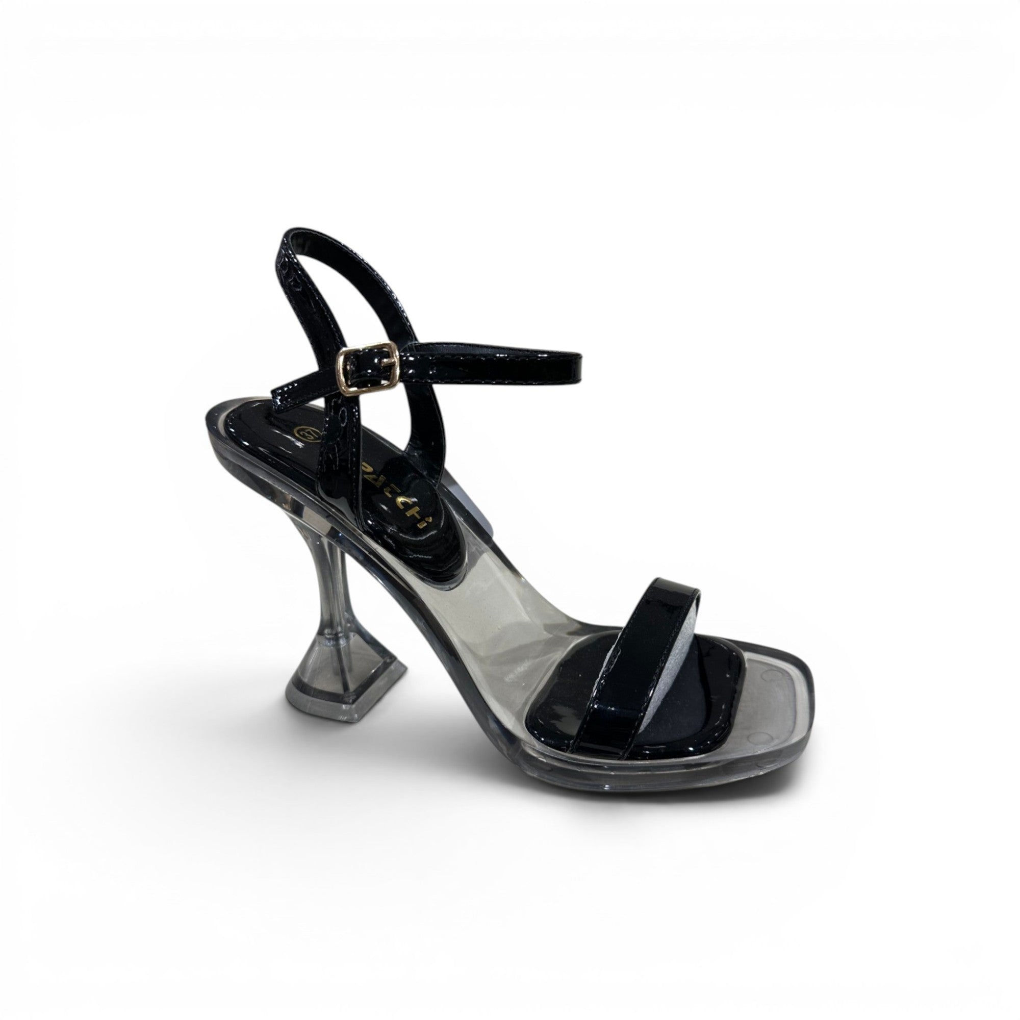 COC Store black patent leather strappy sculptural heel sandals with square toe and ankle strap.
