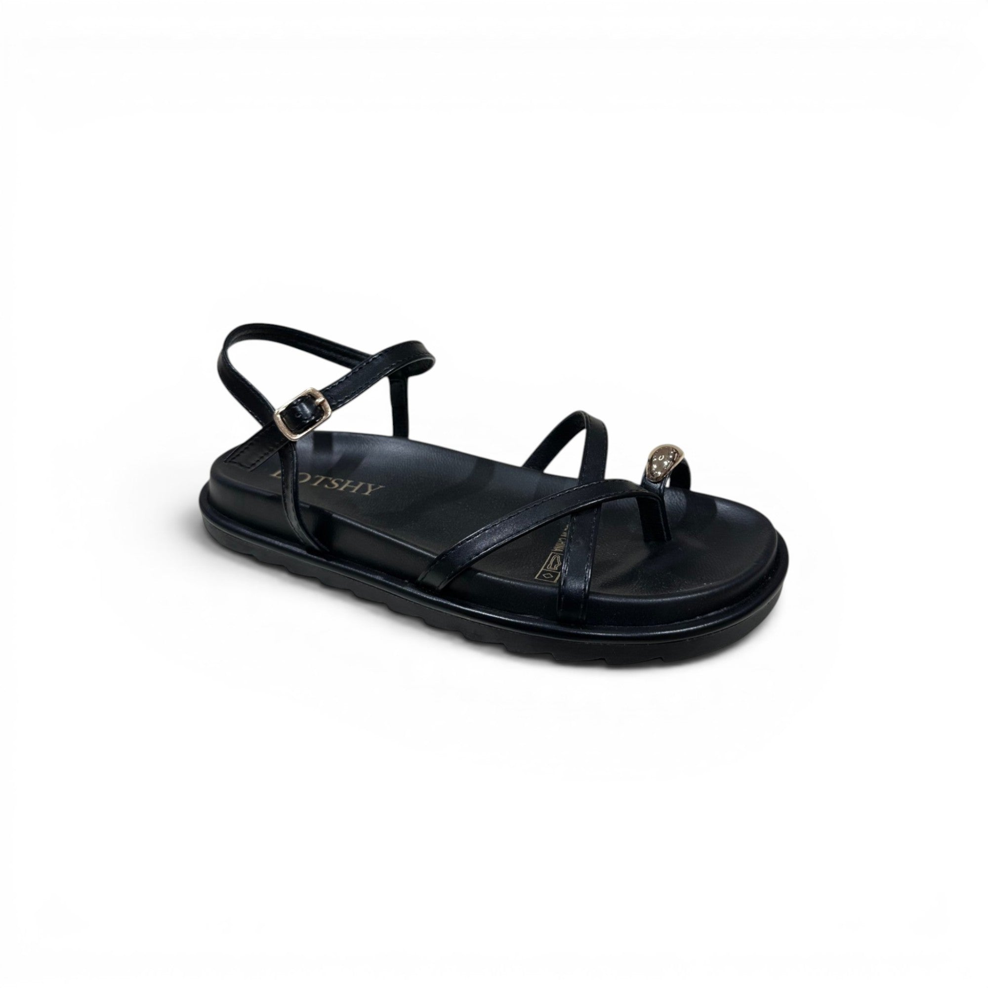 COC Store black strappy flat sandals with toe ring and ankle buckle. Faux leather.