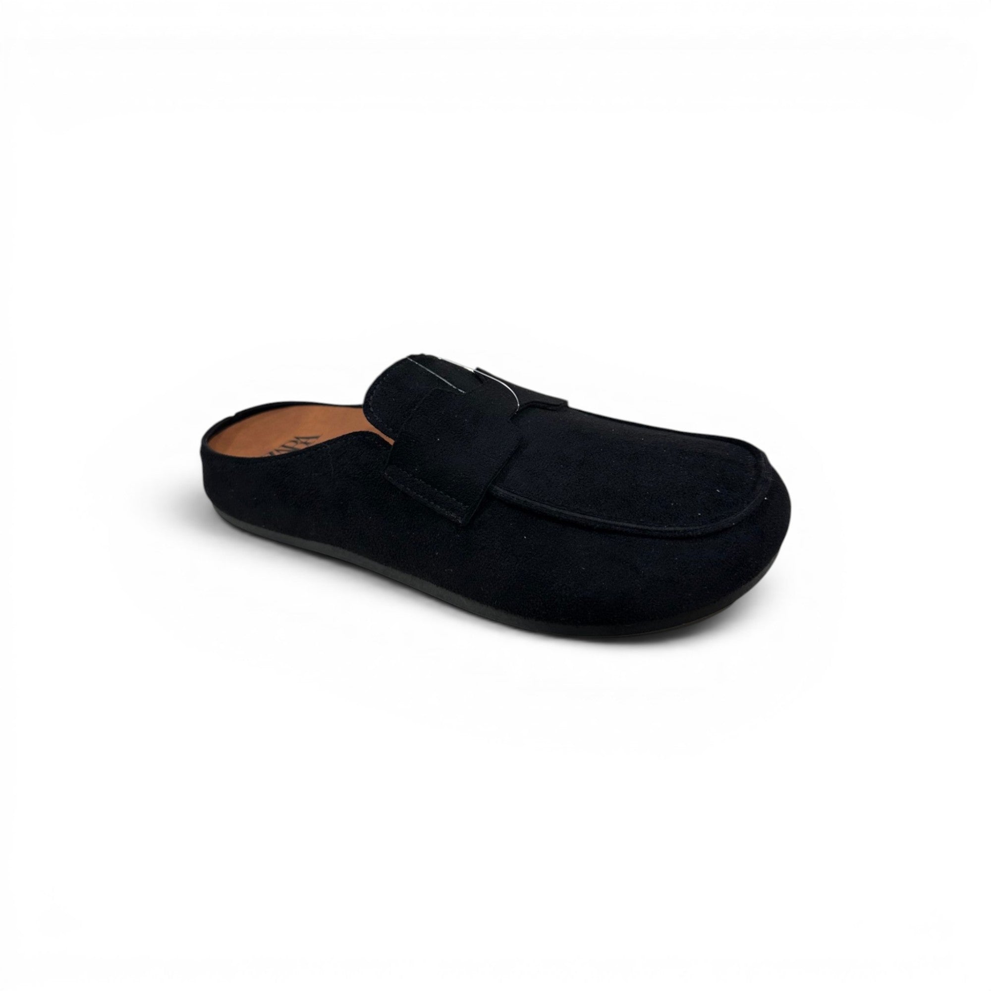 COC Store black suede slip-on mule shoes with cushioned footbed and strap detail.