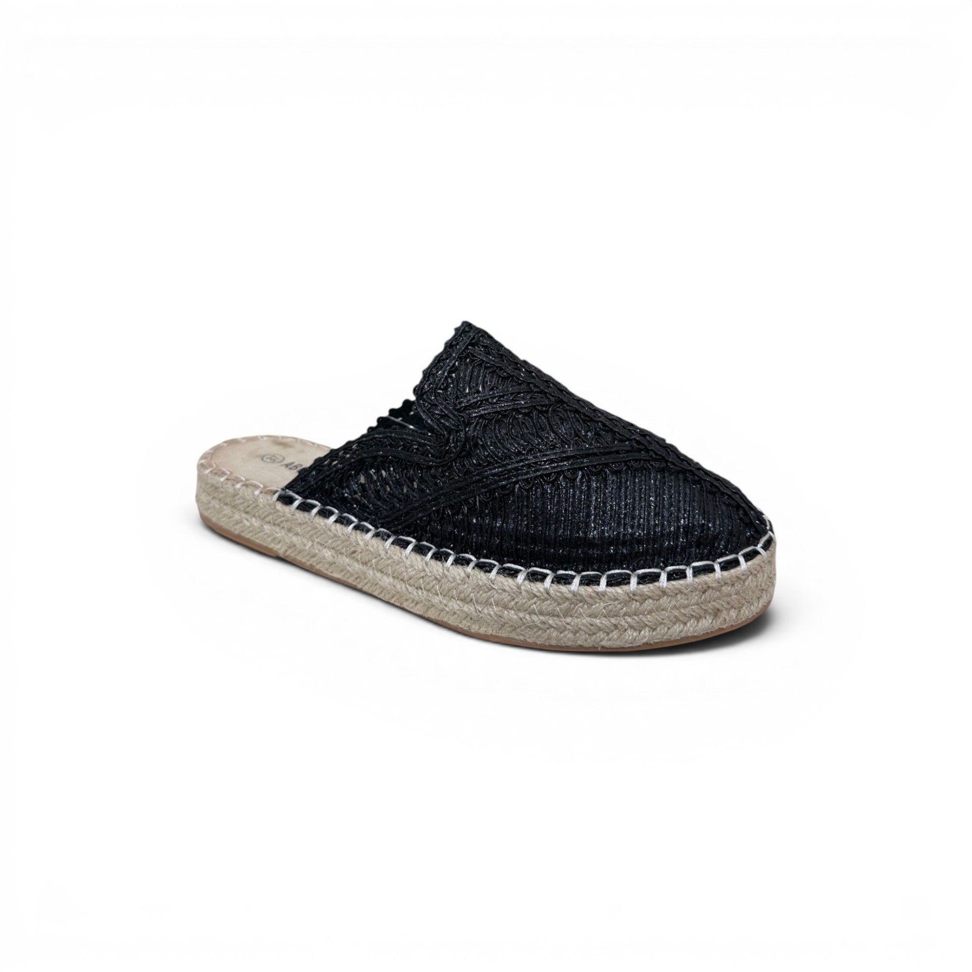 COC Store black woven espadrille mule with jute-wrapped sole and intricate floral pattern.
