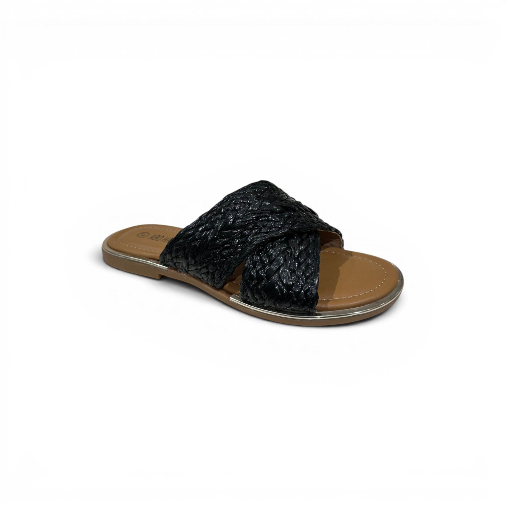 COC Store black woven strap slide sandals with criss-cross detail and flat sole.
