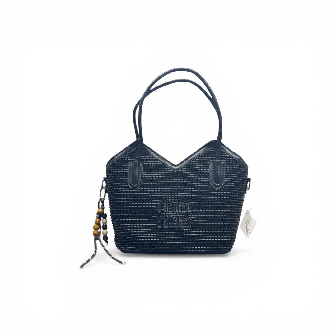 COC Store black woven tote bag with V-shaped top, embossed logo, top handles, and beaded charm.