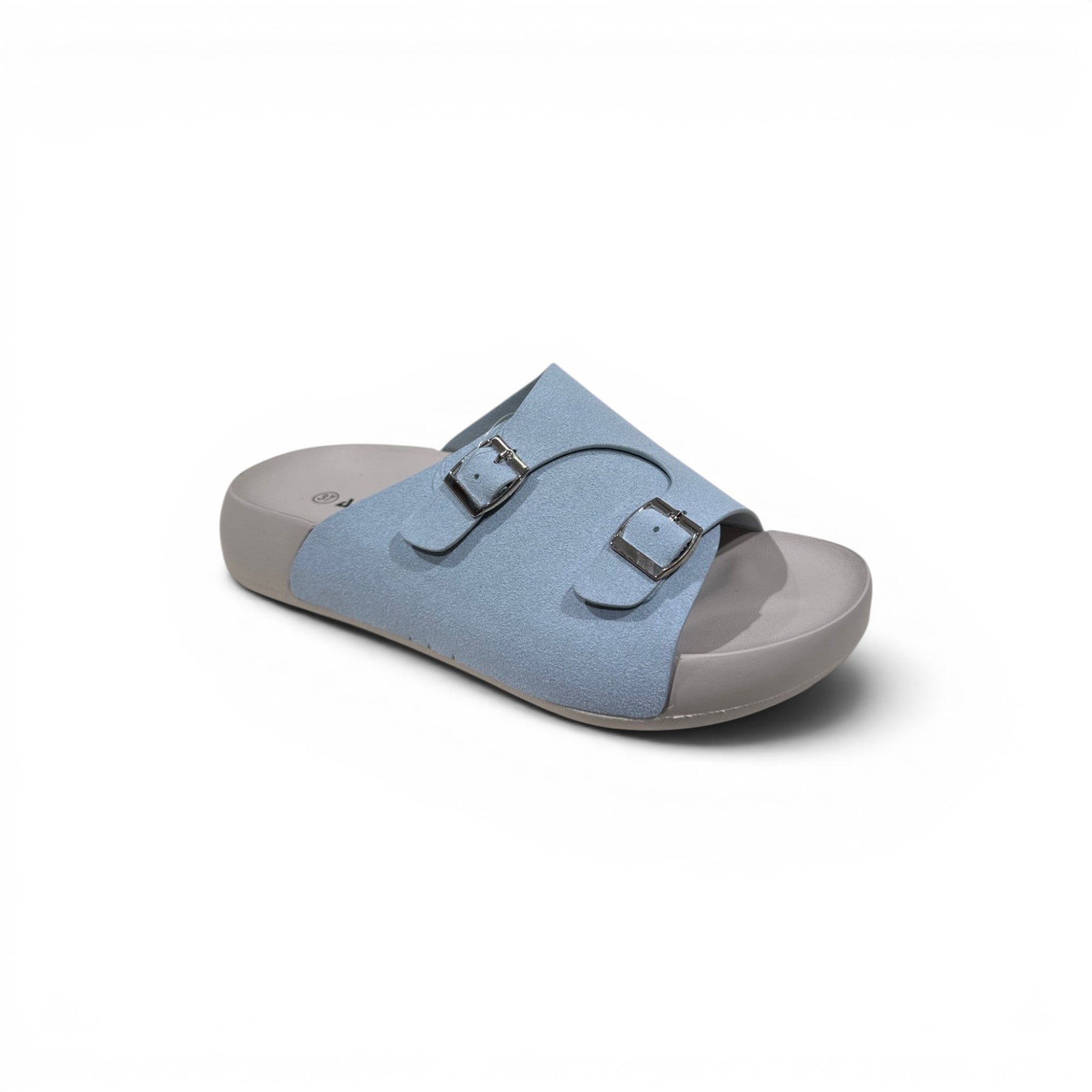 COC Store light blue suede double buckle slide sandals with contoured footbed.