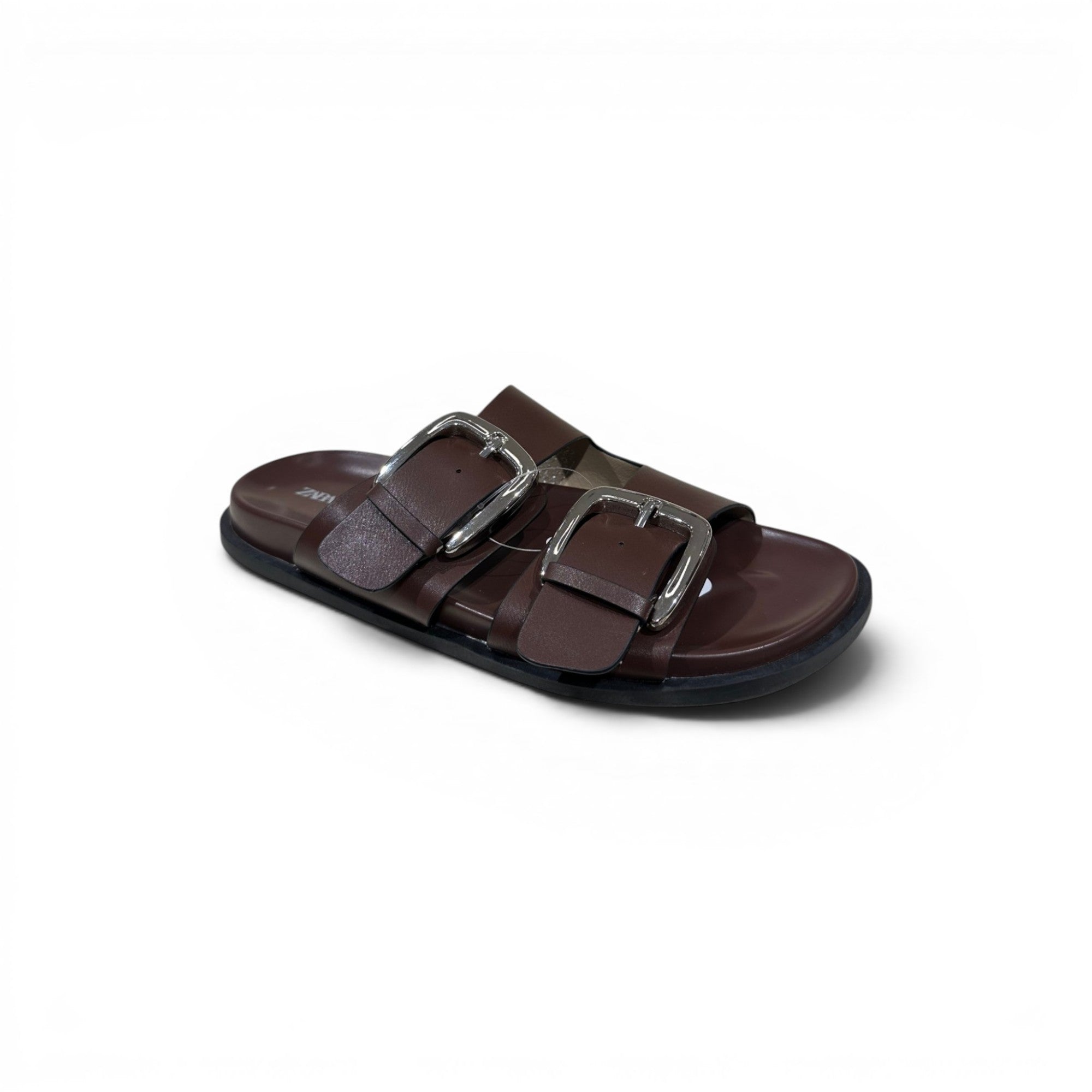 COC Store brown faux leather double buckle slide sandals with silver-tone buckles.
