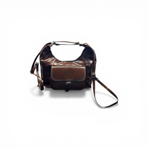 COC Store brown faux leather hobo bag with contrast stitching and buckle flap pocket. Adjustable strap.