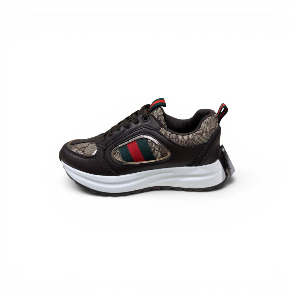 COC Store brown leather sneakers with retro stripe detail.