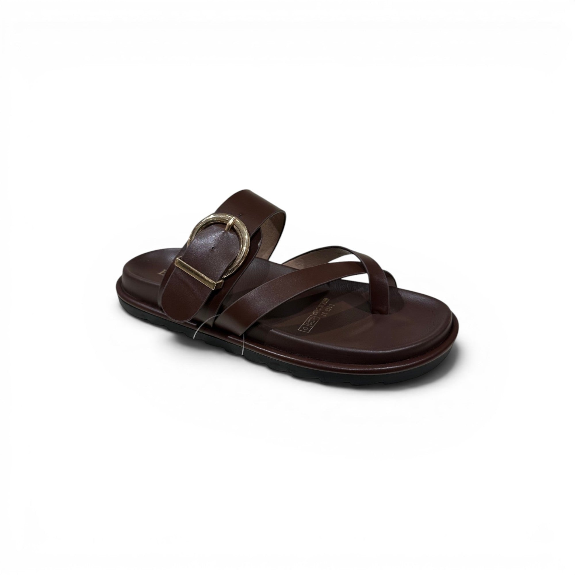 COC Store brown leather slide sandals with gold buckle and crisscross toe straps.