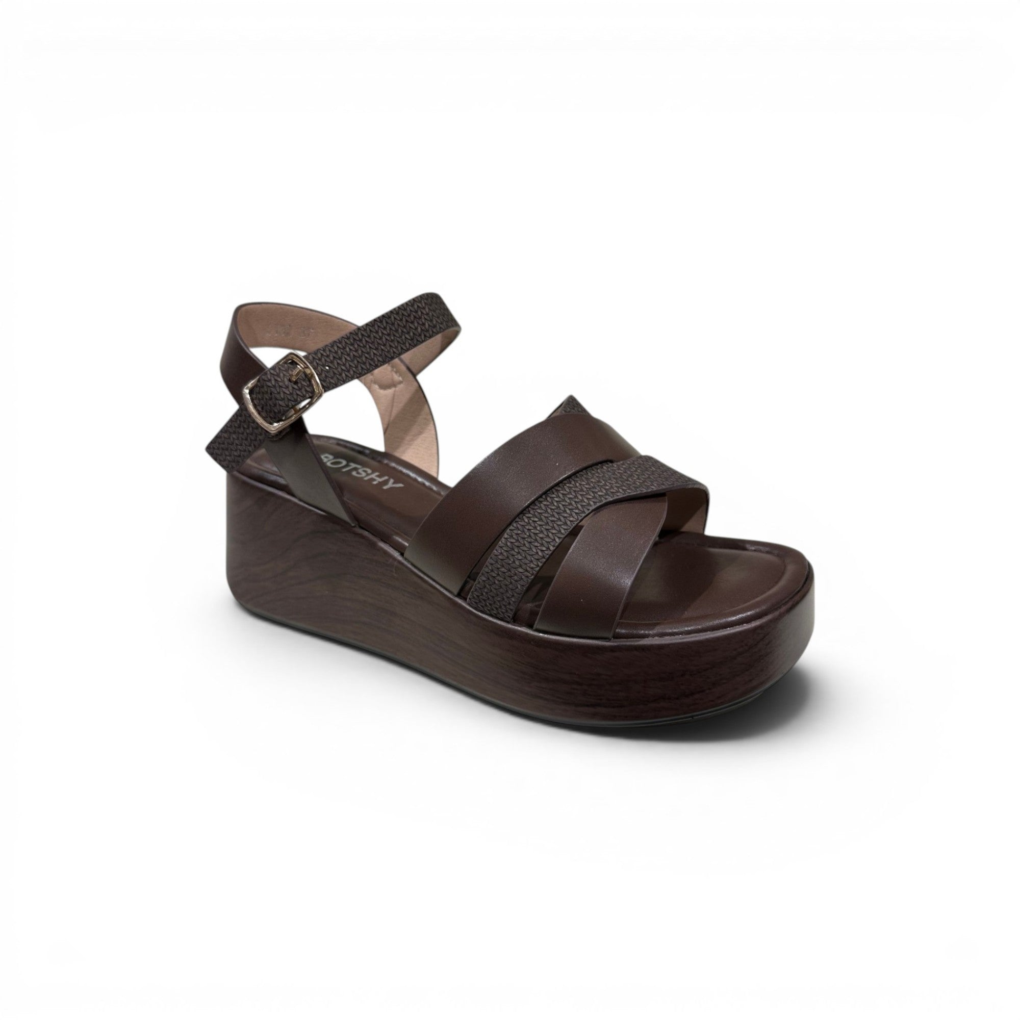 COC Store brown leather platform wedge sandals with crisscross straps and textured ankle strap.