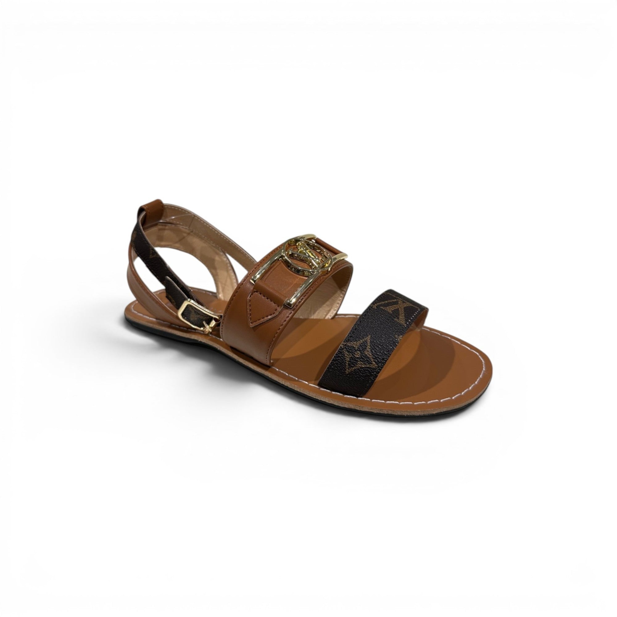 COC Store designer inspired flat sandals in brown with monogram print strap and gold buckle detail.