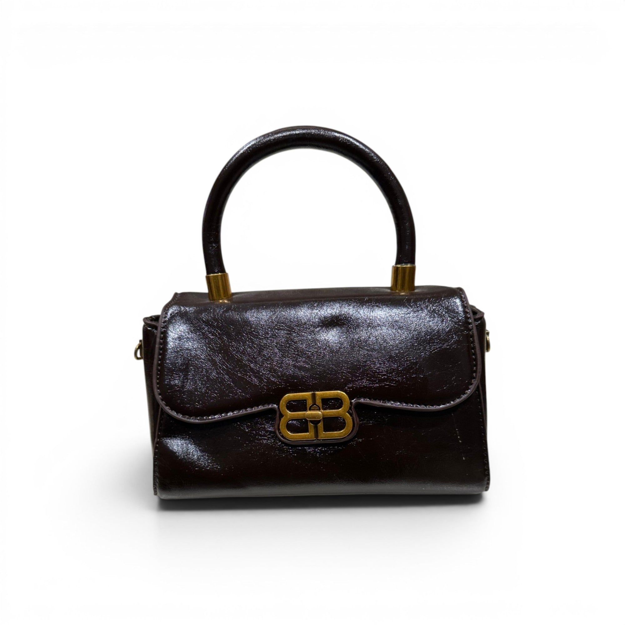 COC Store brown patent leather and taupe suede handbag with gold clasp and top handle