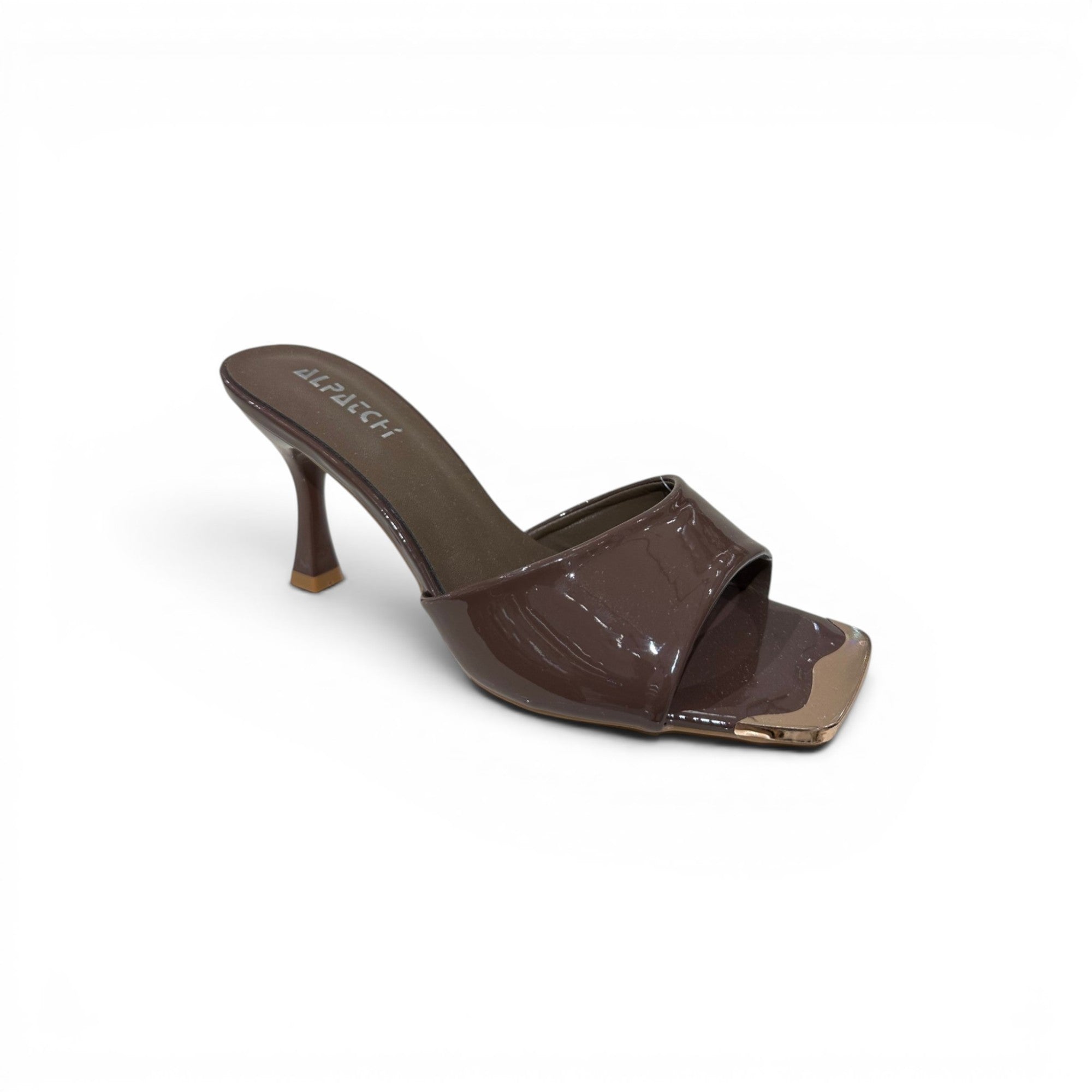 COC Store brown patent leather heeled mules with square toe and metallic cap.