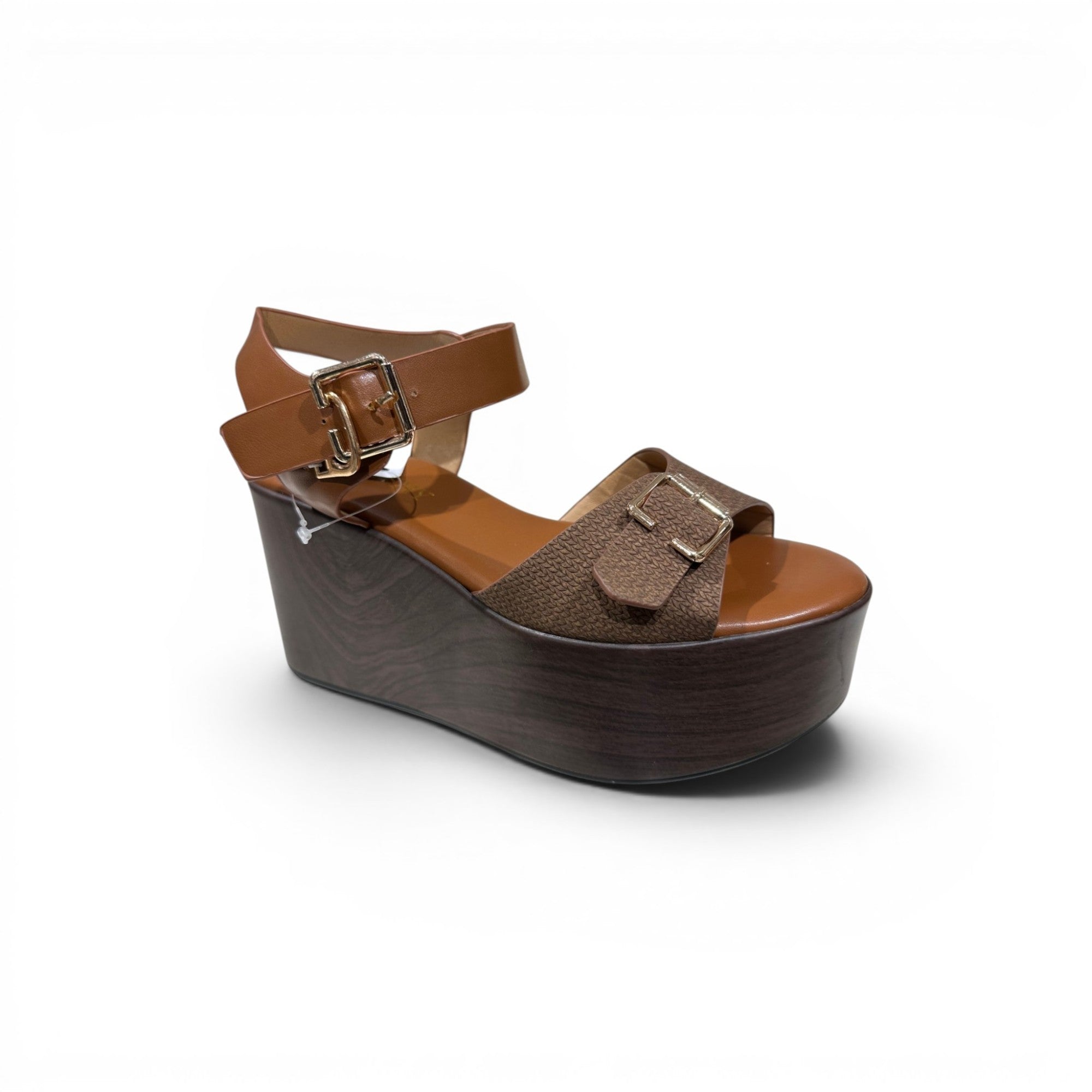 COC Store brown platform wedge sandals with ankle strap and gold buckle detail. Textured upper and wood-grain wedge.