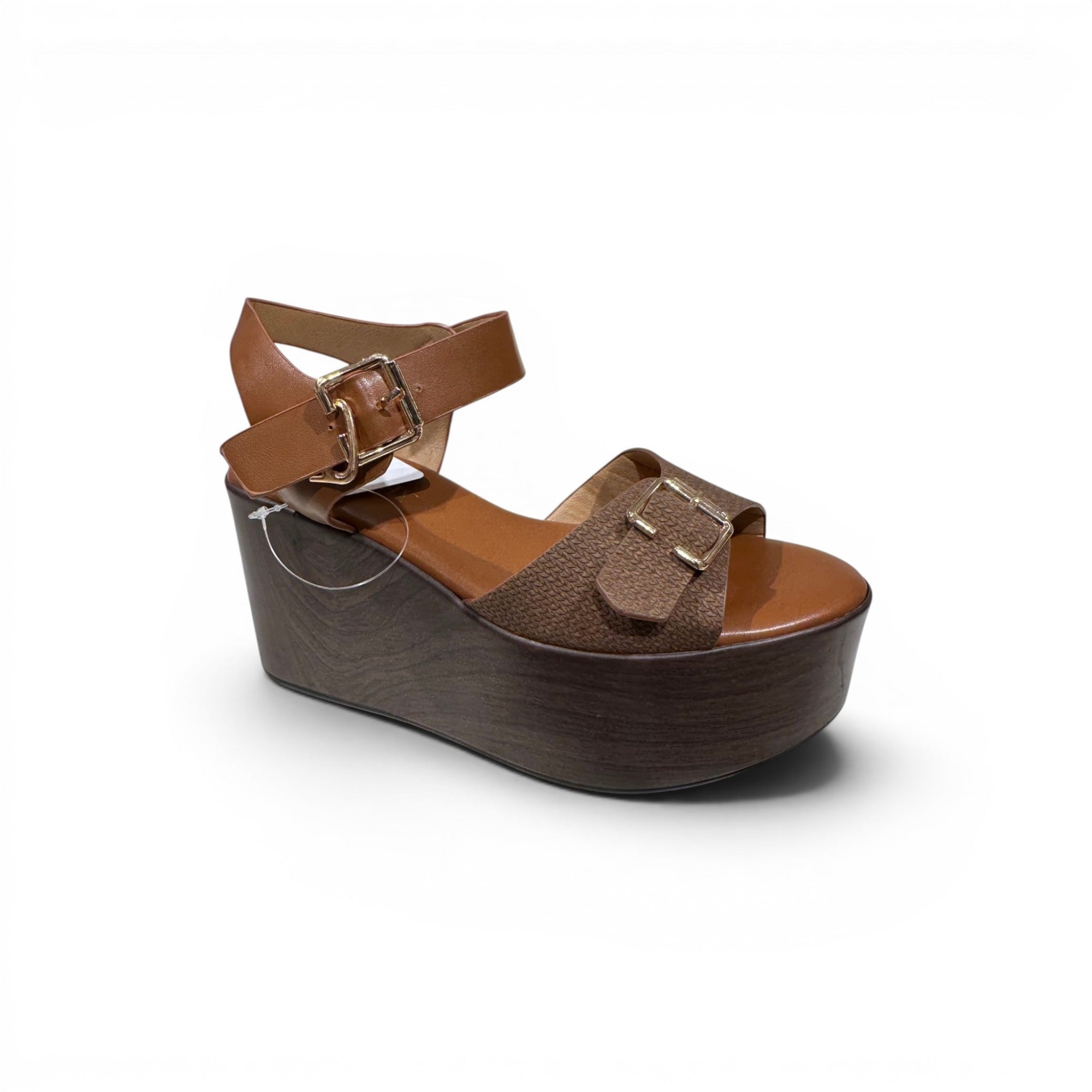 COC Store brown platform wedge sandals with ankle strap and gold buckles. Textured upper and wood-grain wedge.
