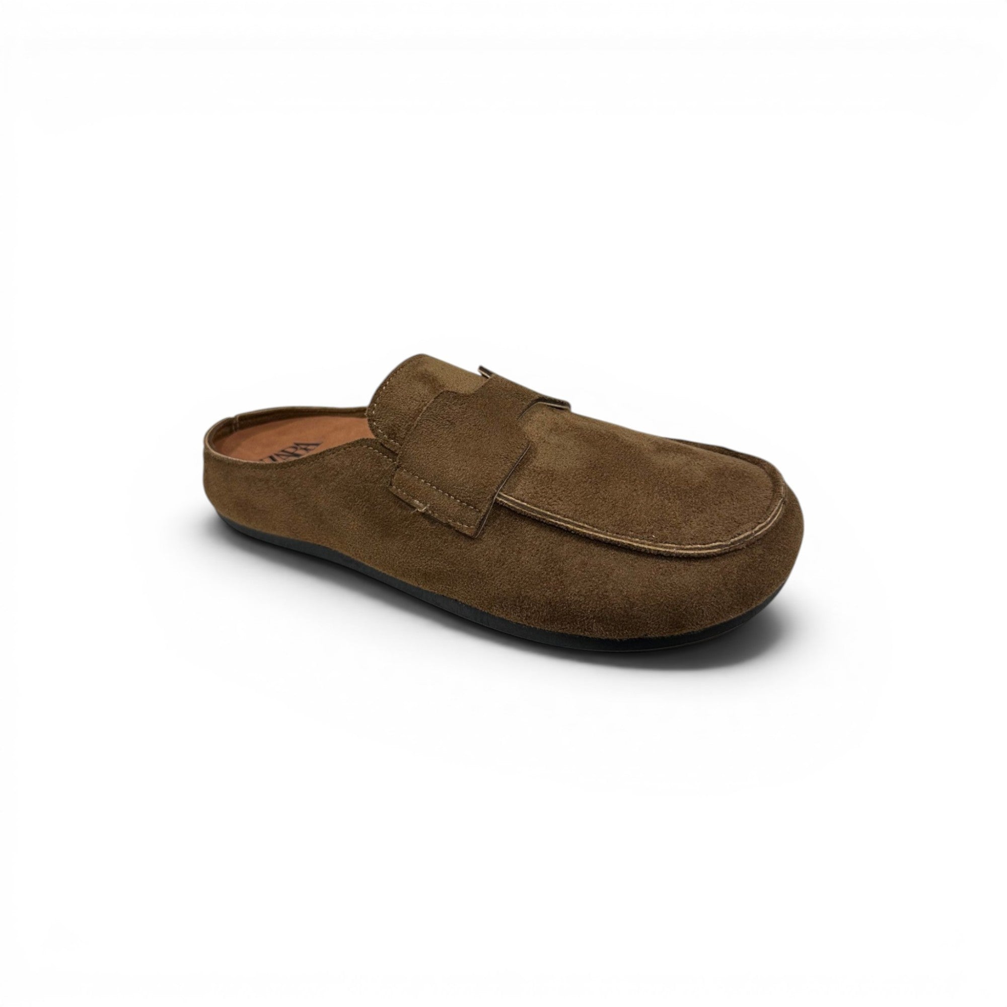 COC Store brown suede slip-on mule shoes with strap detail and cushioned footbed.