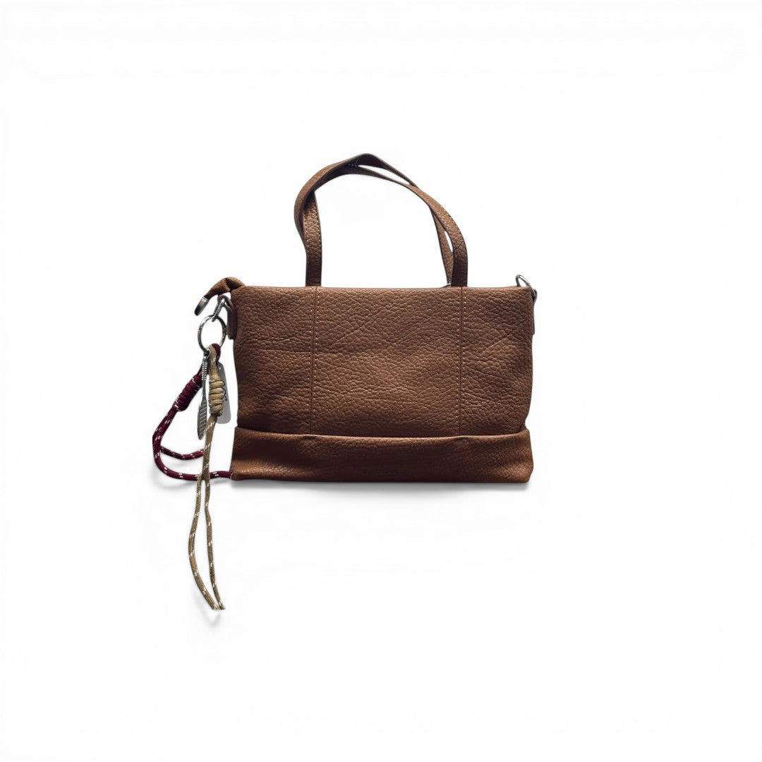 COC Store brown textured leather tote bag with top handles and keychain detail.