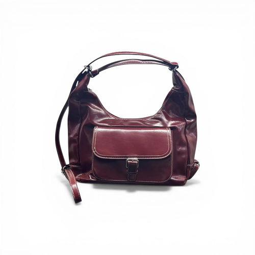 COC Store burgundy faux leather hobo bag with contrast stitching and buckle flap pocket. Adjustable strap.