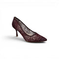 COC Store burgundy lace pointed toe stiletto heel pumps with floral overlay.