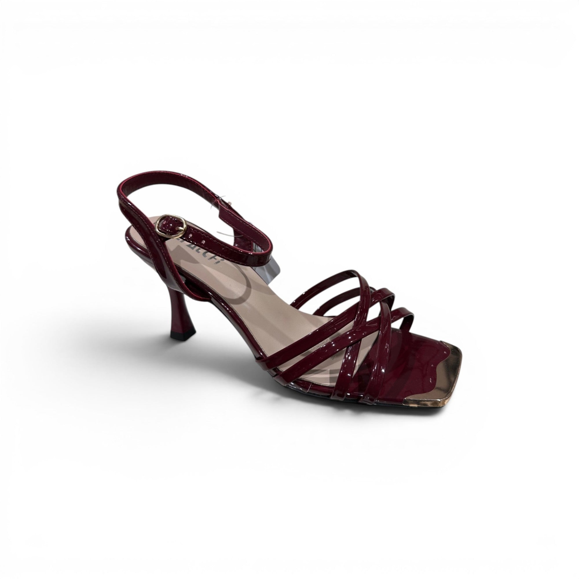 COC Store burgundy patent strappy square toe heeled sandal with flared heel and metallic toe cap.