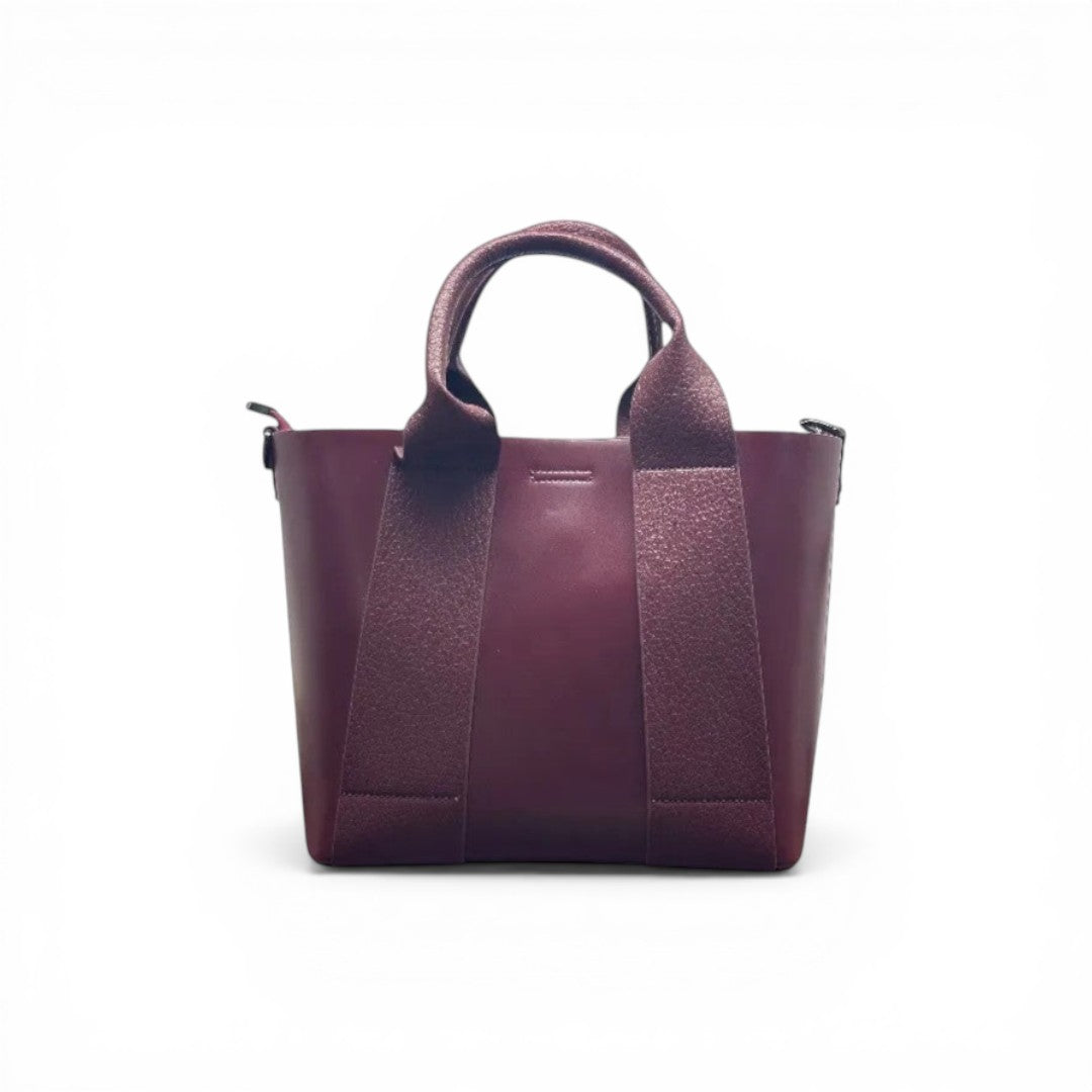 COC Store structured burgundy faux leather tote bag with top handles and textured accents.