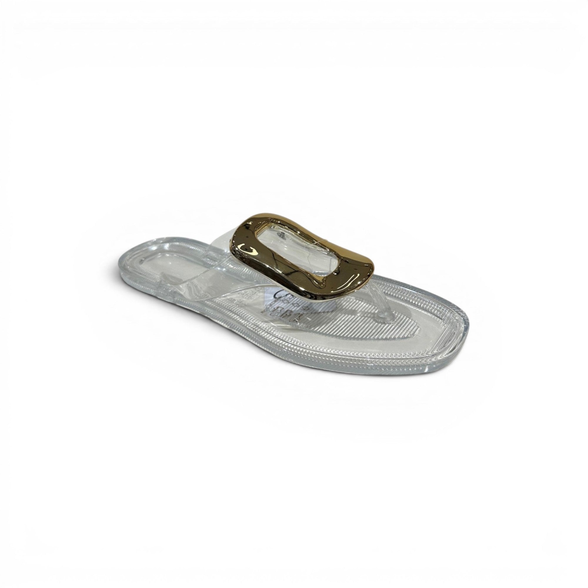COC Store clear jelly thong sandals with gold buckle accent. Waterproof and stylish flip-flops for summer.