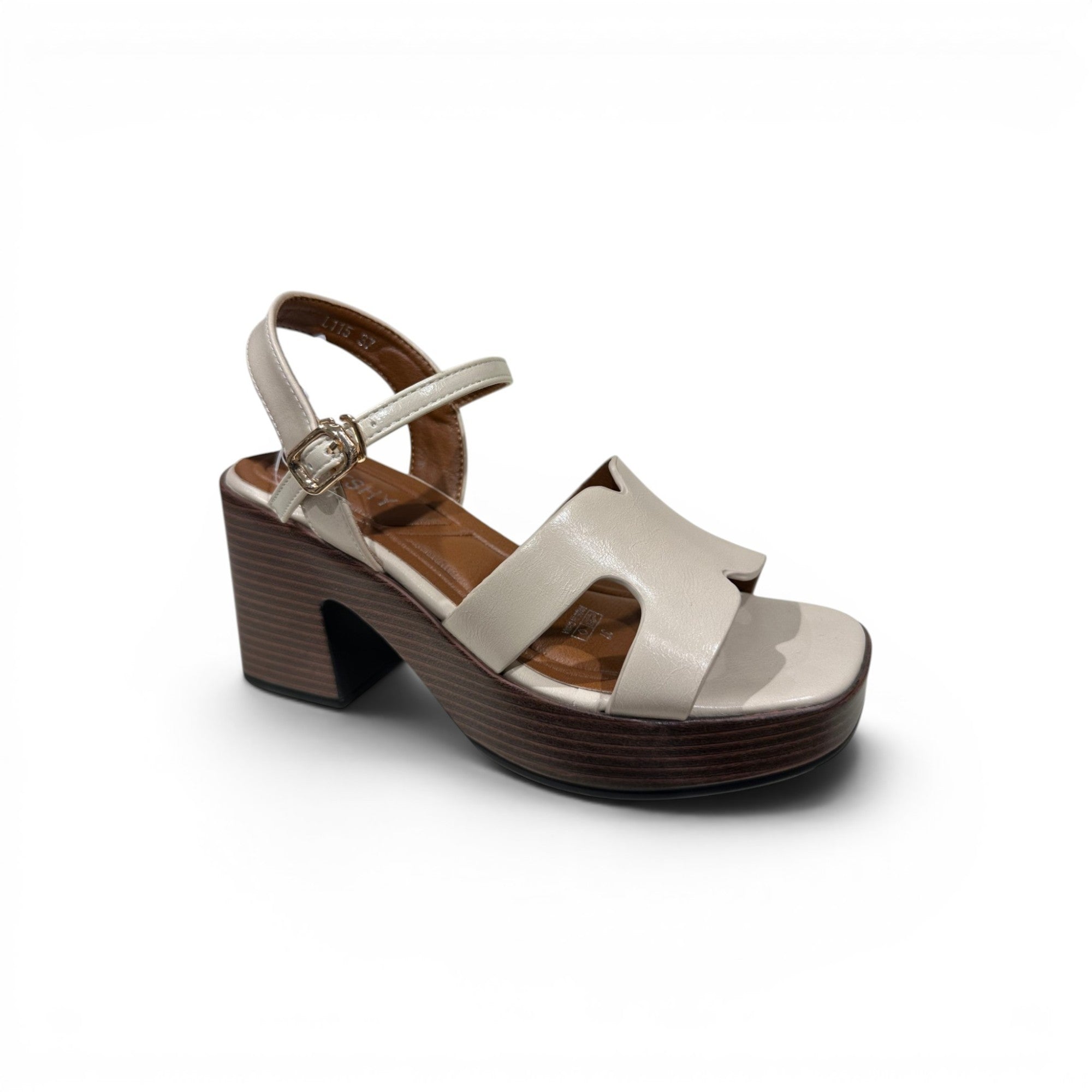 COC Store cream faux leather platform block heel sandals with ankle strap and wooden-effect heel.