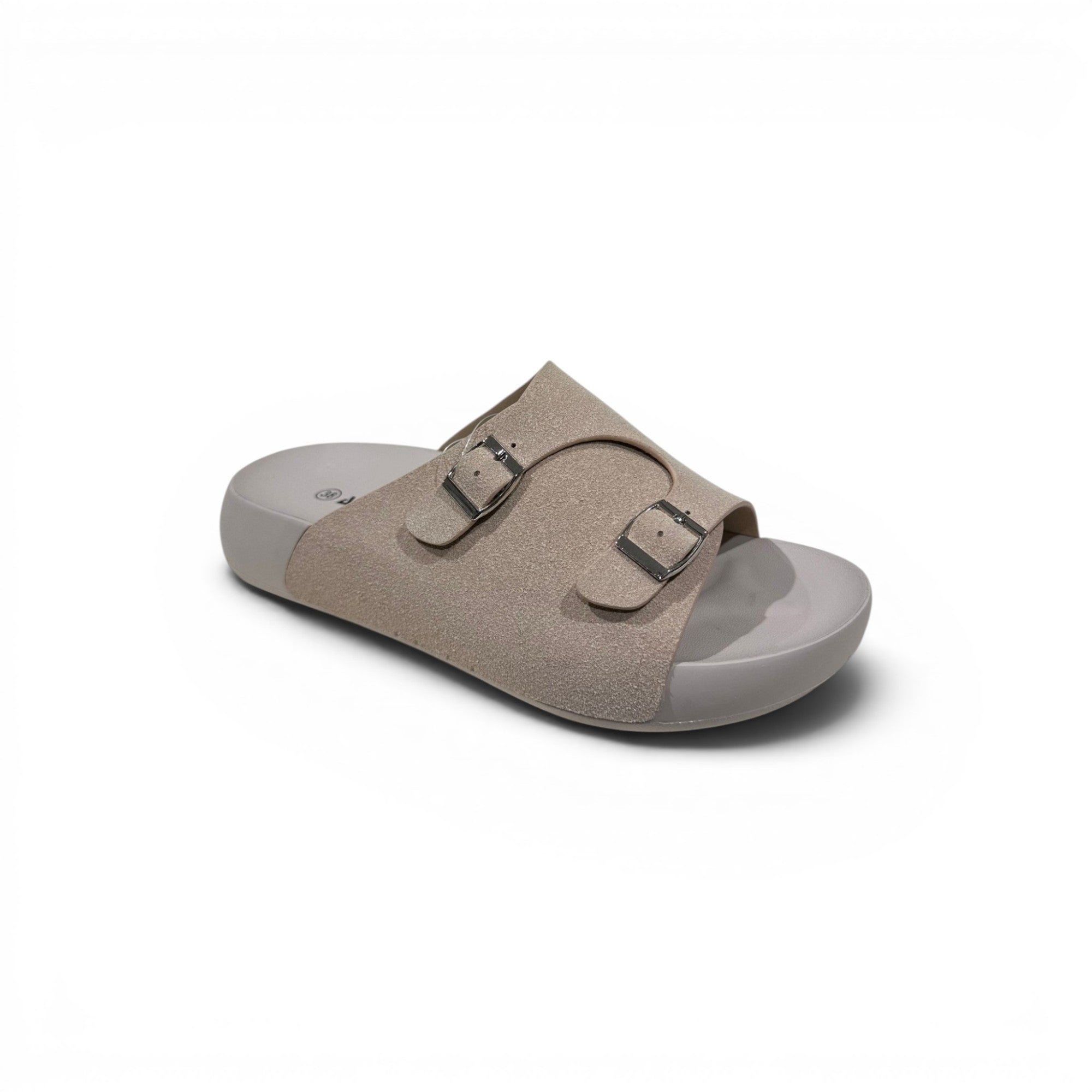 COC Store double buckle slide sandal in beige with a contoured footbed and adjustable straps.