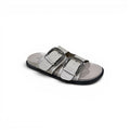 COC Store off-white faux leather double buckle slide sandals with silver-tone hardware.